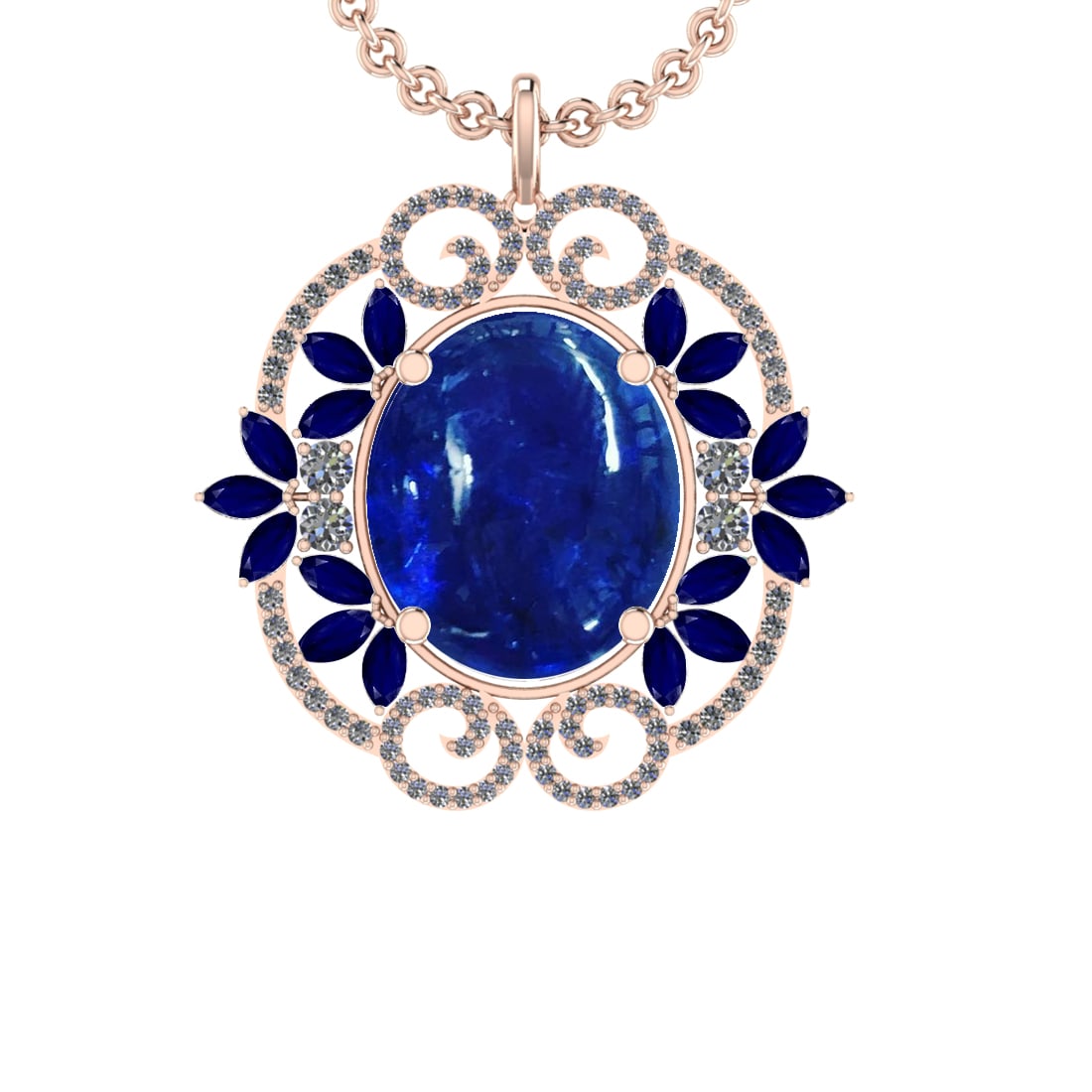 40.84 Ctw VS/SI1 Tanzanite,Blue Sapphire and Diamond 14K Rose Gold Pendant: Center Stone Weight : 38.36 Ctw ( Oval cab & Marquise Cut) Center Stone Color :-Tanzanite,Blue Sapphire Setting : Prong Side Weight Of Ctw 2.48 Ctw Color : J-K Clarity :VS/SI1 Stone Setting : Prong