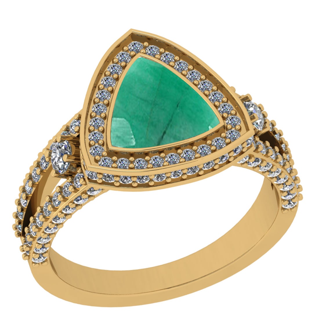 2.99 Ctw VS/SI1 Emerald And Diamond 14K Yellow Gold Cocktail Ring: Center Stone Weight : 2.00 Ctw (Trillion Cut) Center Stone Color : Emerald Stone Setting : Prong Side Stone Weight Of Ctw 0.99 Ctw Side Stone Color : J-K Stone Clarity : VS/SI1 Stone Setting : Prong