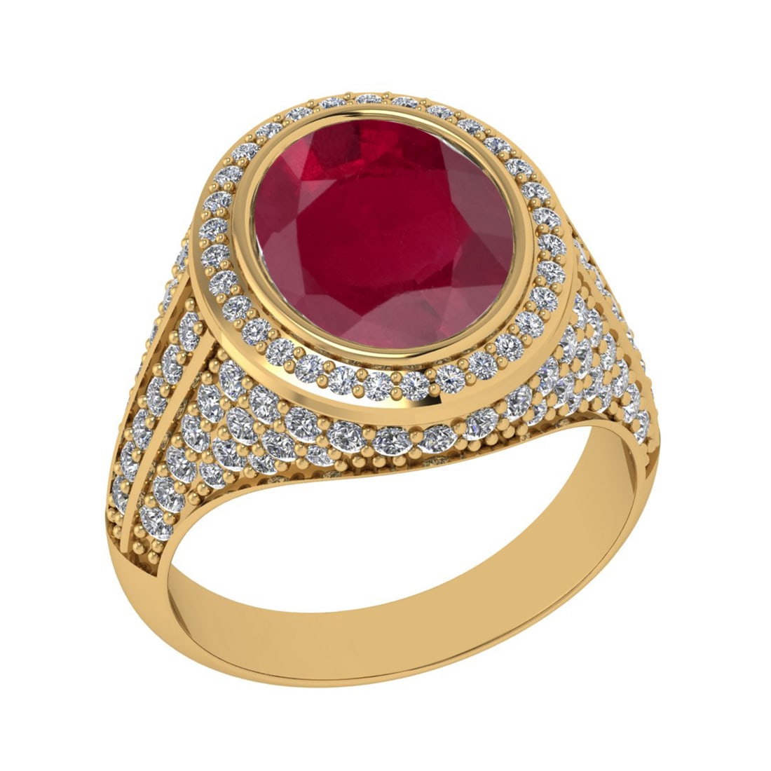 4.70 Ctw VS/SI1 Ruby and Diamond Prong Set 14K Yellow Gold Engagement Ring: Center Stone Weight : 3.50 Ctw (Oval Cut) Center Stone Color : Ruby Setting : Prong Side Weight Of Ctw 1.20 Ctw Color : J-K Clarity : VS/SI1 Stone Setting : Prong Metal Weight : Approx 7.90 gram 14K
