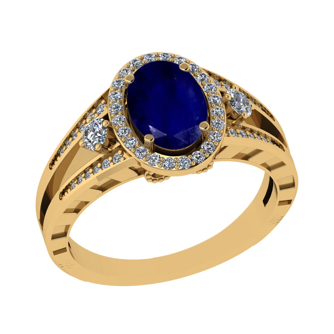 1.61 Ctw VS/SI1 Blue Sapphire and Diamond 14k Yellow Gold Engagement Halo R: Center Stone Weight :- 1.25 Ctw ( Oval Cut) Color :- Blue Sapphire Center Stone Setting : Prong Side Diamond Weight Of Ctw 0.36 Ctw Color : G-H Clarity : VS/SI1 Stone Setting : Prong Metal Weight :