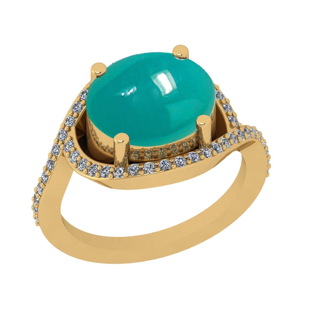 5.25 CtwVS/SI1 Emerald and Diamond 14k Yellow Gold Engagement Ring: Center Stone Weight :-4.89 Ctw ( Oval Cab) Center Stone Color :-Emerald Center Stone Setting : Prong Side Diamond Weight Of Ctw :- 0.36 Ctw Color : J-K Clarity : VS/SI1 Daimond Setting : Prong Metal