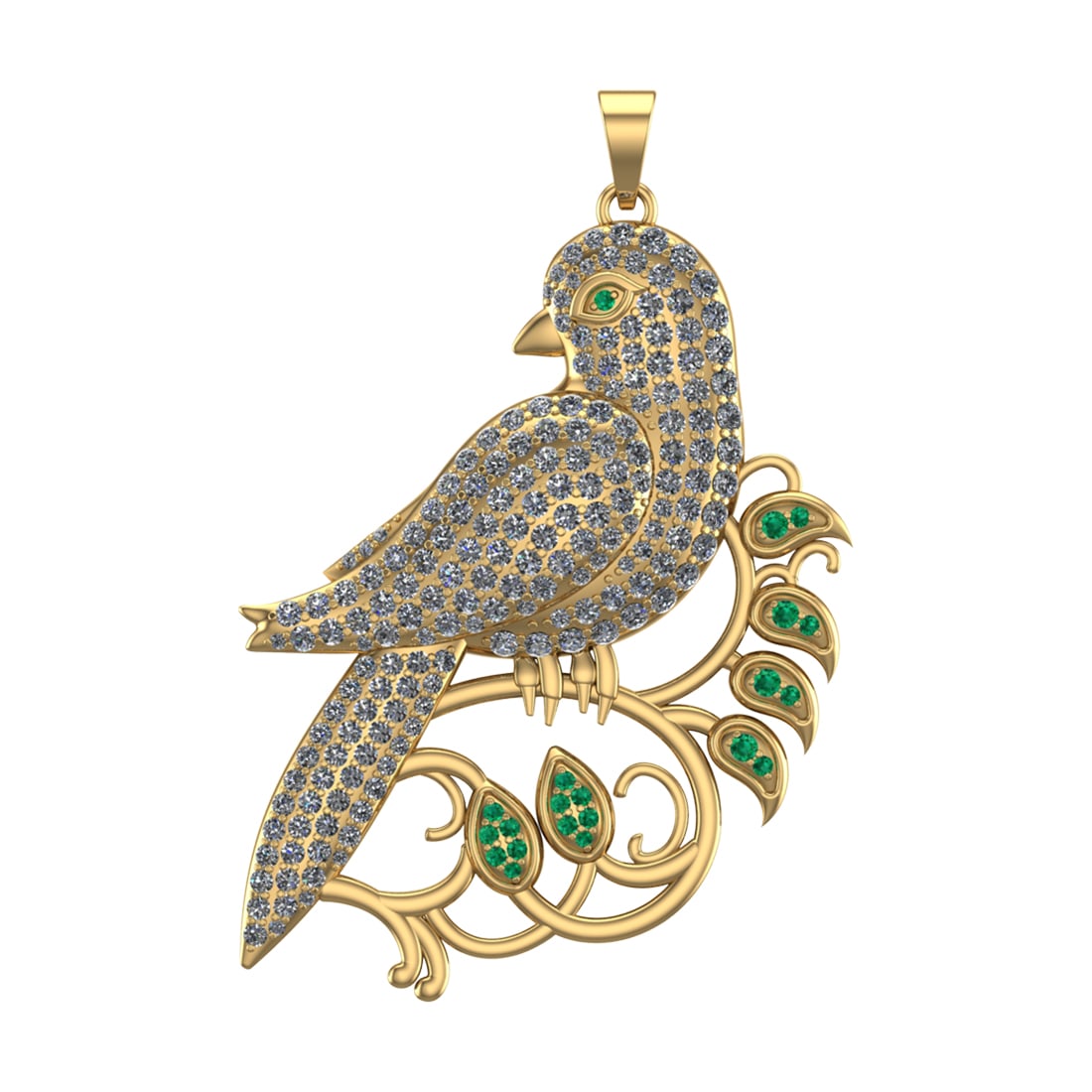 2.93 Ctw SI2/SI1 Diamond Prong Set 14k Yellow Gold Bird Theme Pendant (ALL: Color Stone Weight :- 0.10 ctw stone color :-Emerald setting :- Prong Total Daimond Weight :-2.83 Ctw Color : G-H Clarity : SI2/SI1 Setting : Prong Metal Weight : Approx 16.13 Gram 14k Yellow Gold