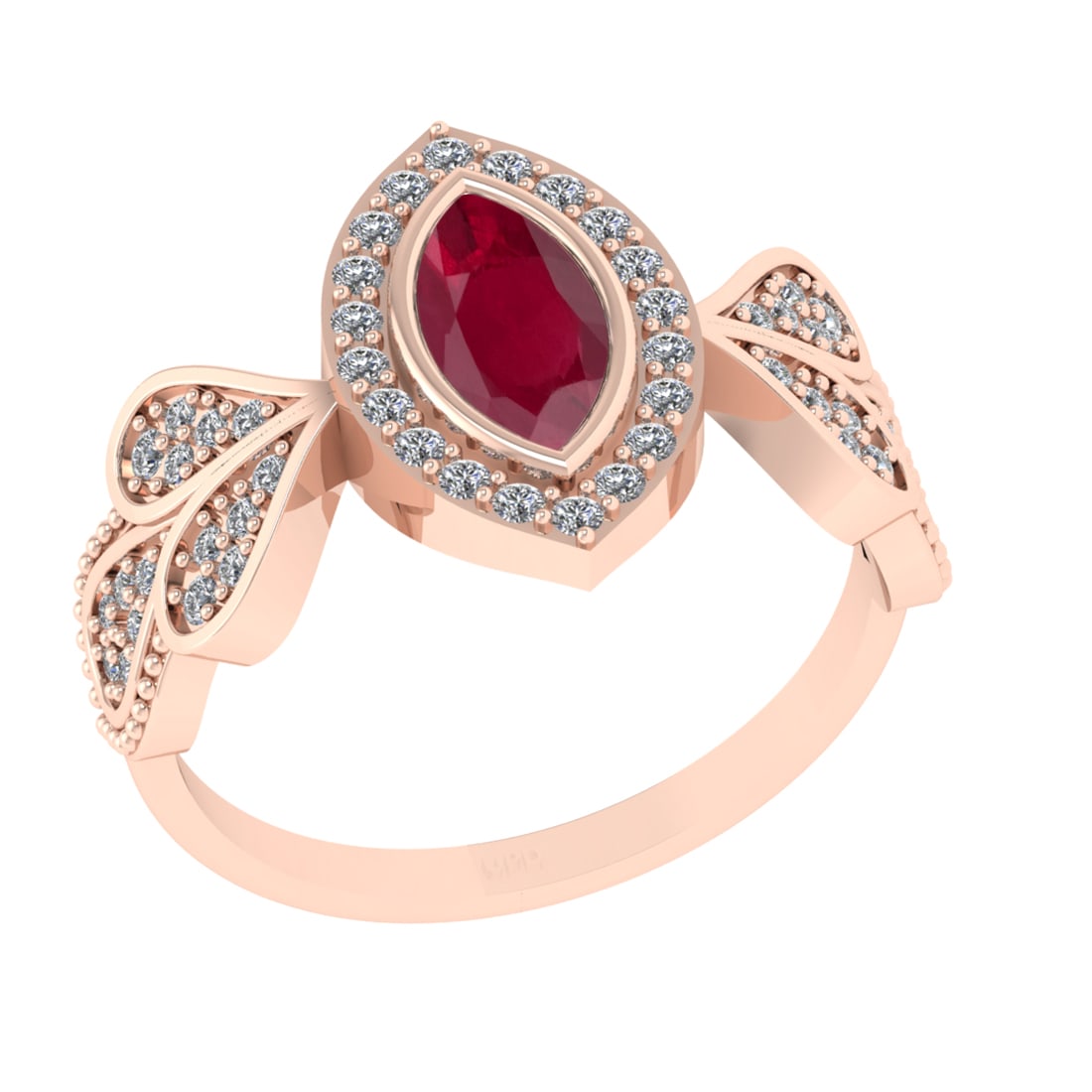 0.83 Ctw VS/SI1 Ruby and Diamond14K Rose Gold Engagement Ring: Center Stone Weight : 0.50 Ctw (Marquise Cut) Center Stone Color :-Ruby Center Stone Setting : Prong Side Diamond Weight Of Ctw 0.33 Ctw Color : J-K Clarity : VS/SI1 Stone Setting : Prong Metal