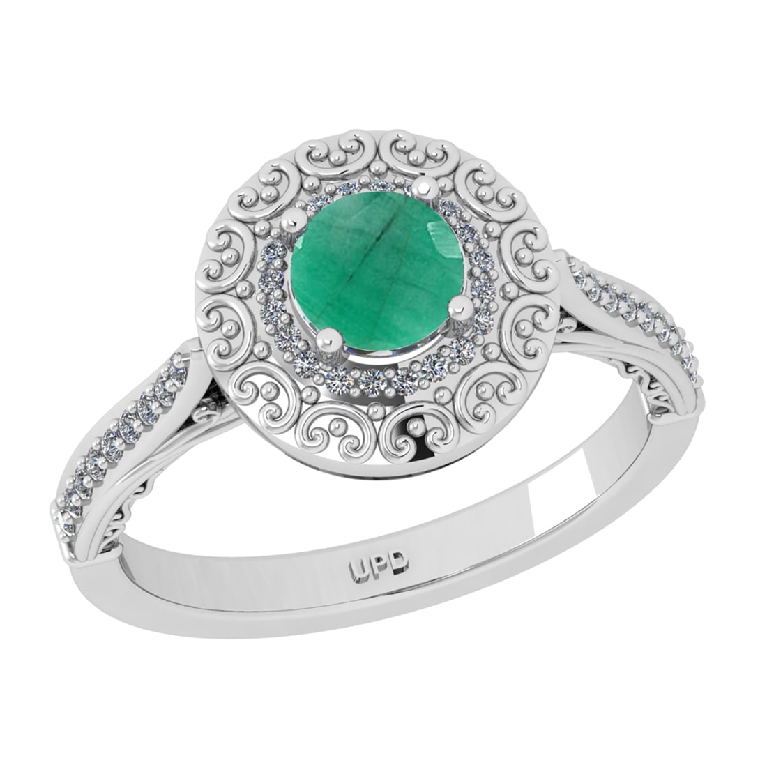 1.10 Ctw VS/SI1 Emerald and Diamond 14k white Gold Engagement Ring: Center Stone Weight :-0.84 Ctw ( Round Cut) Center Stone Color :-Emerald Center Stone Setting : Prong Side Diamond Weight Of Ctw :- 0.26 Ctw Color : J-K Clarity : VS/SI1 Daimond Setting : Prong Metal