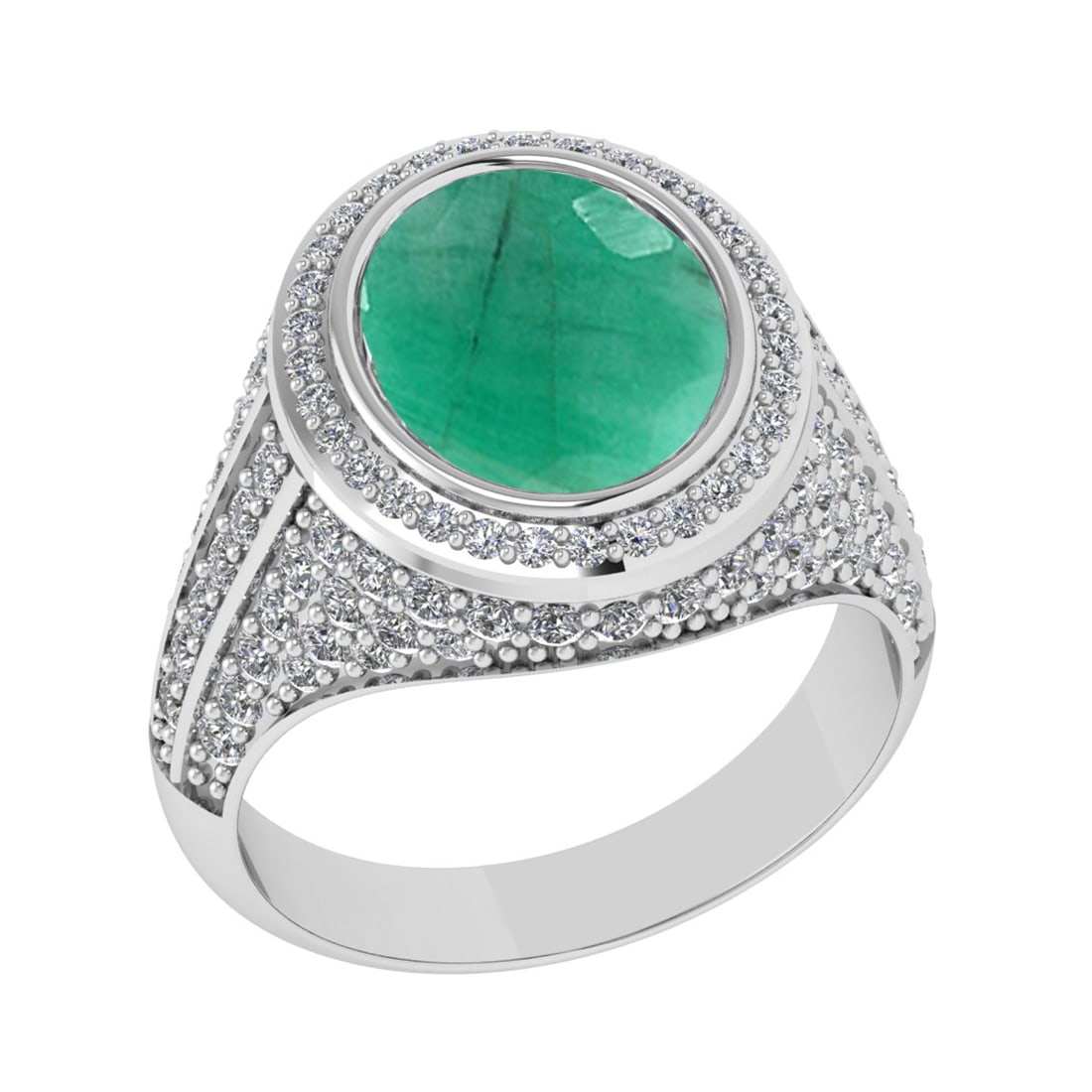 4.70 Ctw VS/SI1 Emerald and Diamond Prong Set 14K White Gold Engagement Rin: Center Stone Weight : 3.50 Ctw (Oval Cut) Center Stone Color : Emerald Setting : Prong Side Weight Of Ctw 1.20 Ctw Color : J-K Clarity : VS/SI1 Stone Setting : Prong Metal Weight : Approx 7.90 gram
