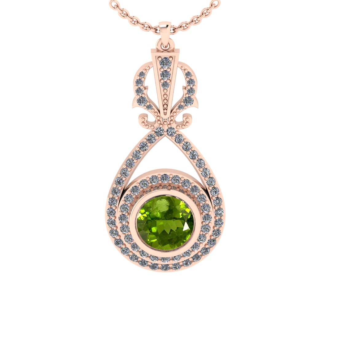 1.85 Ctw VS/SI1 Peridot and Diamond 10K Rose Gold Pendant (ALL DIAMOND ARE: Center Stone Weight :-1.30 Ctw ( Round Cut) Center Stone Color :-Peridot Center Stone Setting : Prong Side Diamond Weight Of Ctw 0.55 Ctw Color : J-K Clarity : VS/SI1 Stone Setting : Prong Metal