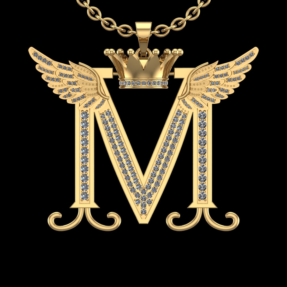 2.17 Ctw VS/SI1 Diamond Prong Set 18K Yellow Gold Letter theme ( m) Necklac: Total Diamond Weight : 2.17 Ctw (Round cut) Center Diamond Color :- G-H Center Clarity : VS/SI1 Stone Setting : Prong Metal Weight : Approx 17.80 Gram 18K Yellow Gold Letter theme ( m) Necklace (ALL