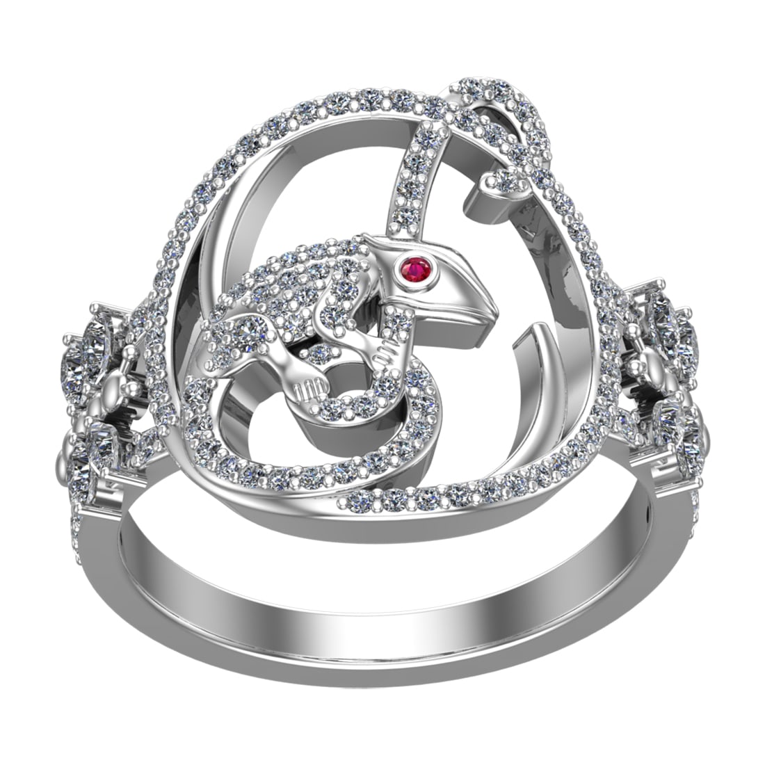 0.81 Ctw VS/SI1 Diamond 14k white Gold Creature theme Ring (ALL DIAMOND ARE: Eye Stone Weight:- 0.02 ctw Eye Stone Color :- (Ruby) Total Daimond Weight :-0.79 Ctw Color : G-H Clarity : VS/SI1 Setting : Prong Metal Weight : Approx 7.42 gram 14k White Gold Creature theme Ring