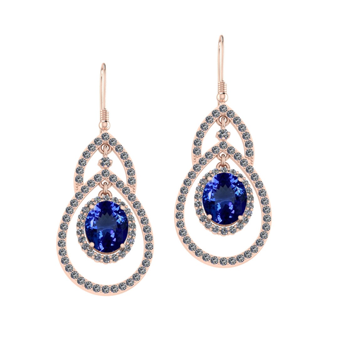 12.97 Ctw VS/SI1 Tanzanite And Diamond 18k Rose Gold Wire Hook Earrings: Center Stone Weight : 9.29 Ctw (Oval Cut ) Center Stone Color : Tanzanite Stone Setting : Prong Side Stone Weight Of Ctw 3.68 Ctw Side Stone Color : J-K Stone Clarity : VS/SI1 Stone Setting : Prong