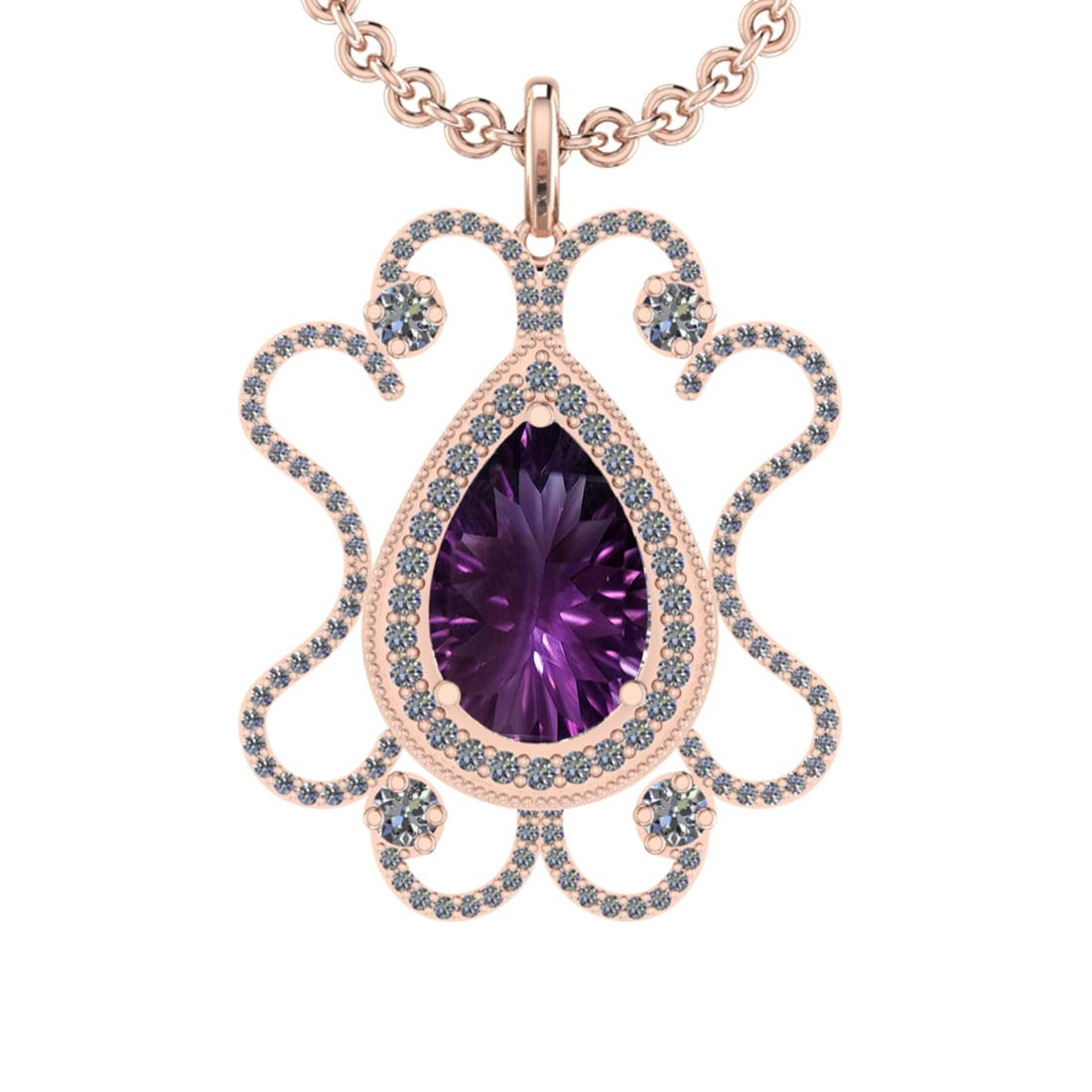 16.10 Ctw VS/SI1 Amethyst and Diamond 14K Rose Gold Pendant: Center Stone Weight : 13.36 Ctw ( Pear Cut) Center Stone Color :-Amethyst Setting : Prong Side Weight Of Ctw 2.34 Ctw Color : J-K Clarity : VS/SI1 Stone Setting : Prong Metal Weight : Approx 12.90