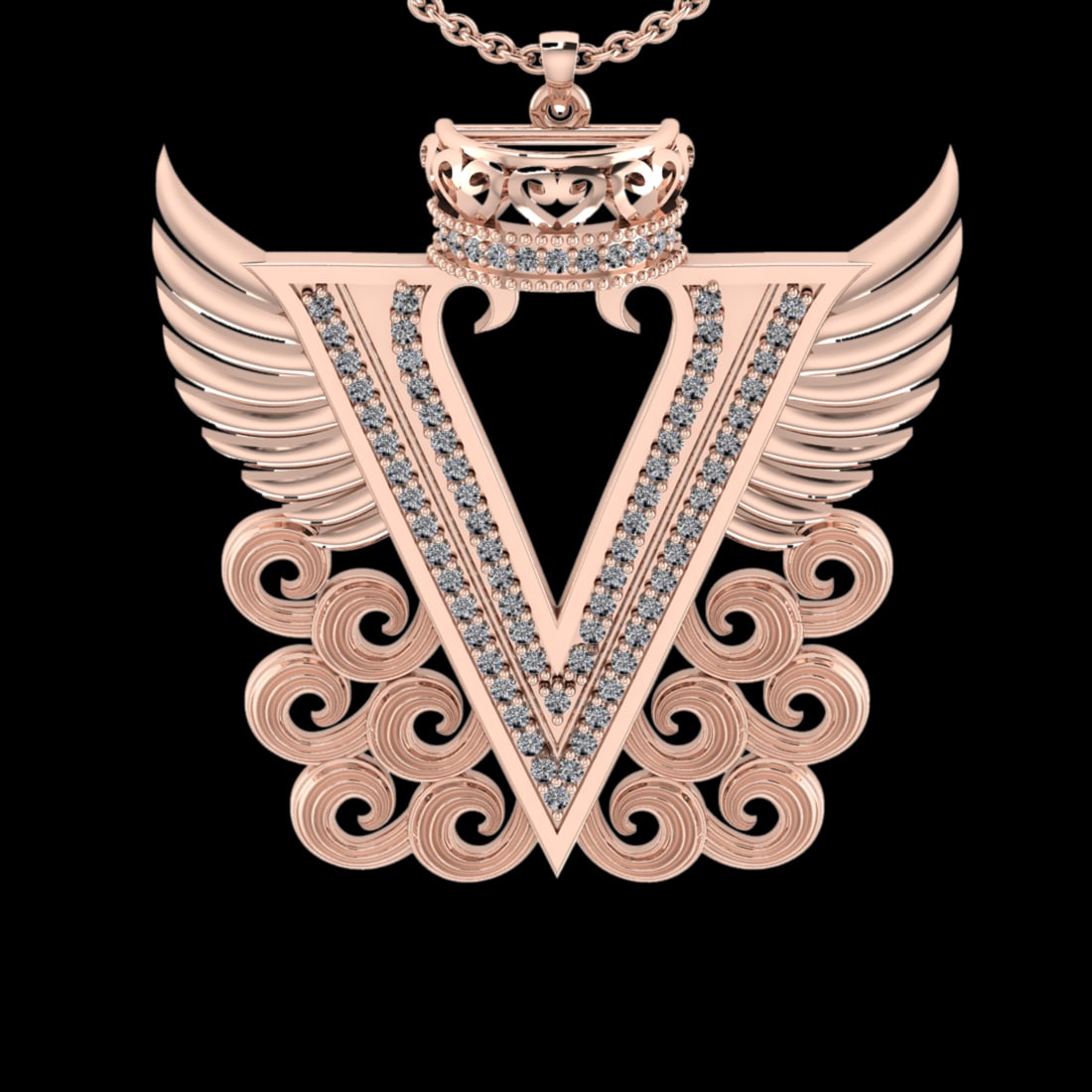 0.36 Ctw VS/SI1 Diamond Prong Set 18K Rose Gold Letter theme ( V) Necklace: Total Diamond Weight : 0.36 Ctw (Round cut) Center Diamond Color :- G-H Center Clarity : VS/SI1 Stone Setting : Prong Metal Weight : Approx 7.70 Gram 18K Rose Gold Letter theme ( V) Necklace (ALL