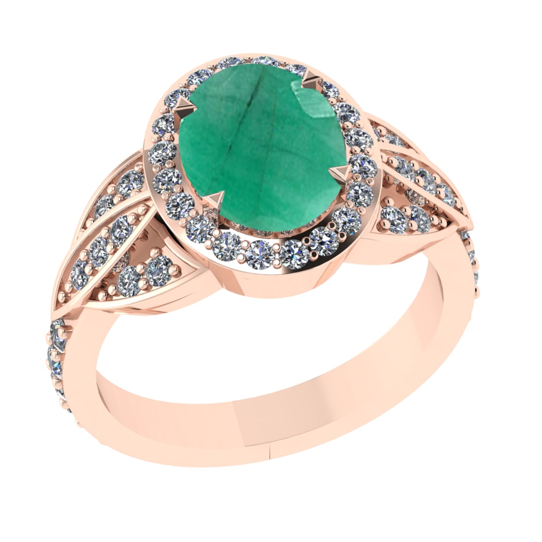 3.26 Ctw VS/SI1 Emerald and Diamond 14k Rose Gold Engagement Ring (ALL DIAM: Center Stone Weight :-2.50 Ctw ( Oval Cut) Center Stone Color :-Emerald Center Stone Setting : Prong Side Diamond Weight Of Ctw 0.76 Ctw Color : G-H Clarity : VS/SI1 Daimond Setting : Prong Metal