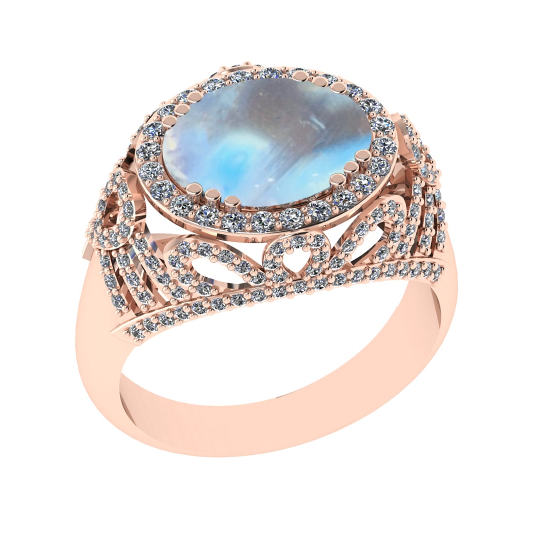6.39 Ctw I2/I3 Rainbow Moonstone And Diamond 10K Rose Gold Engagement Ring(: Center Stone Weight : 5.30 Ctw ( Oval Cab ) Center Stone Color : Rainbow Moonstone Stone Setting : Prong Side Diamond Weight Of Ctw 1.09 Ctw Side Stone Color : J-K Stone Clarity : I2/I3 Stone Setting 
