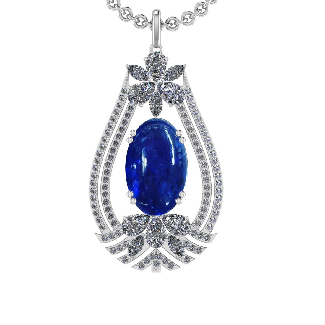 28.49 Ctw VS/SI1 Tanzanite and Diamond 14K White Gold Pendant: Center Stone Weight : 21.41 Ctw ( Oval Cab) Center Stone Color :-Tanzanite Setting : Prong Side Weight Of Ctw 7.08 Ctw Color : J-K Clarity :VS/SI1 Stone Setting : Prong Metal Weight : Approx 13.50