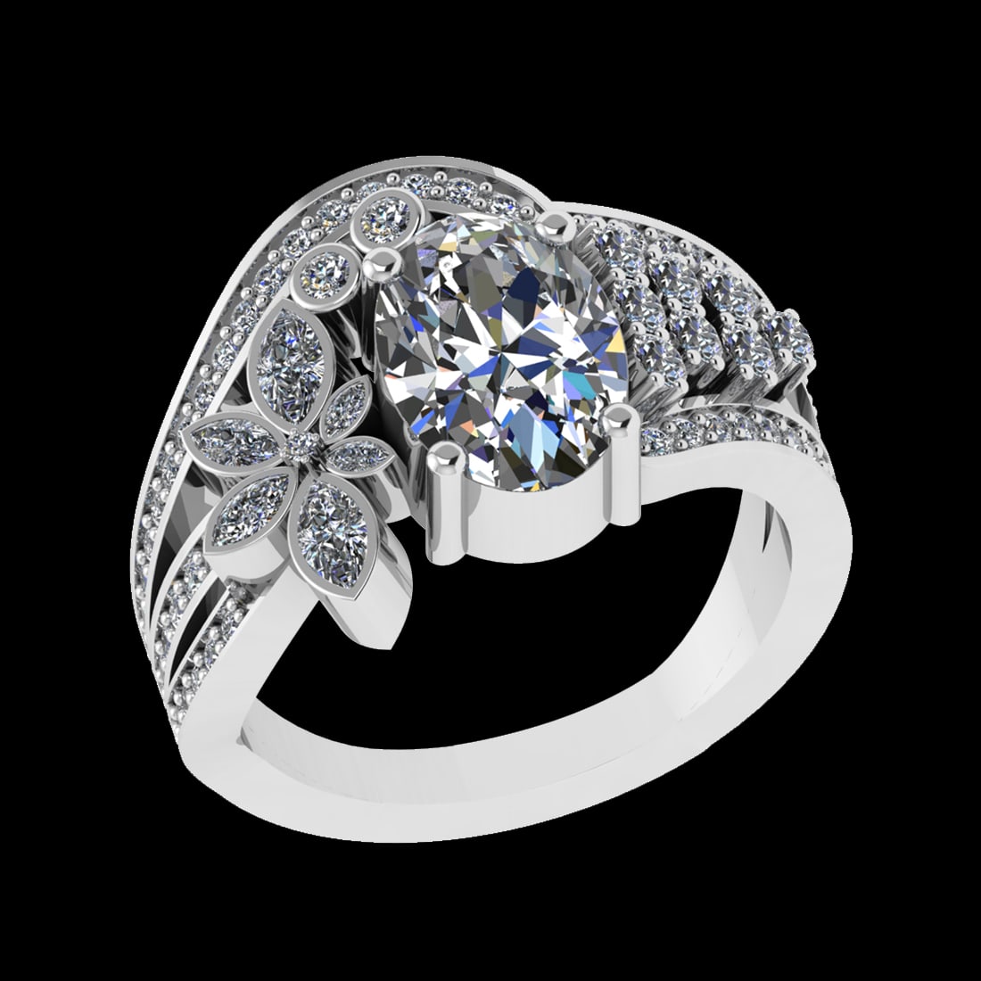 3.48 Ctw VS/SI1 Diamond Prong Set 18k white Gold Engagement Ring (ALL DIAMO: Center Daimond Weight :-2.50 Ctw ( Oval Cut) Color : G-H Clarity : VS/SI1 Side Diamond Weight Of Ctw 0.98 Ctw Color : G-H Clarity : VS/SI1 Daimond Setting : Prong Metal Weight : Approx 8.21 gram 18k