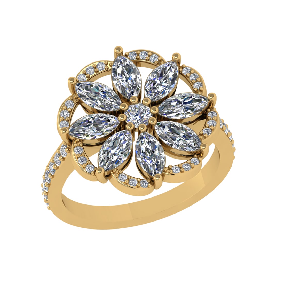 2.44 Ctw SI2/SI1 Diamond Prong Set 14k Yellow Gold Engagement Ring: Center Daimond Weight :-2.11 Ctw ( Round & Marquise Cut) Color : G-H Clarity : SI2/SI1 Side Diamond Weight Of Ctw 0.33 Ctw Color : G-H Clarity : SI2/SI1 Daimond Setting : Prong Metal Weight : Approx