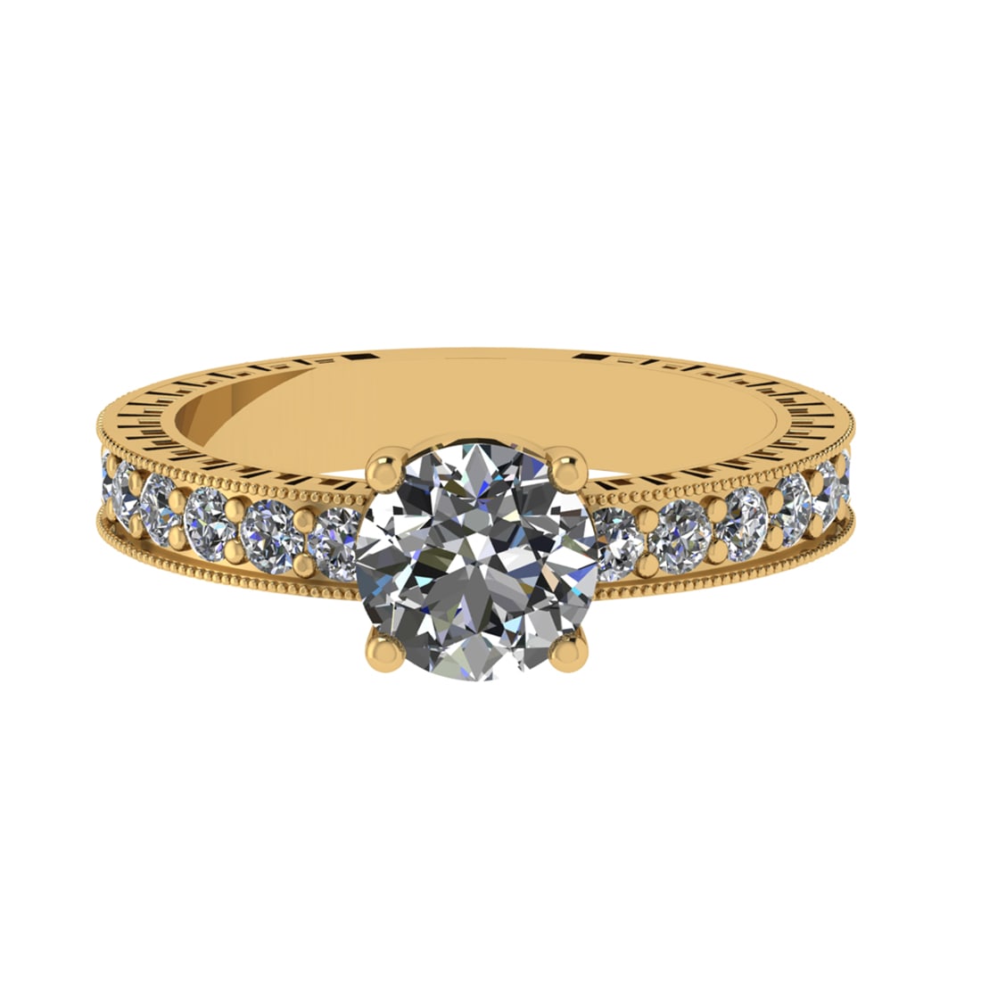 2.07 Ctw SI2/SI1 Diamond Prong Set 14k Yellow Gold Engagement Ring (ALL DIA: Center Daimond Weight :-1.30 Ctw ( Round Cut) Color : G-H Clarity : SI2/SI1 Side Diamond Weight Of Ctw 0.77 Ctw Color : G-H Clarity : SI2/SI1 Daimond Setting : Prong Metal Weight : Approx 4.43 gram