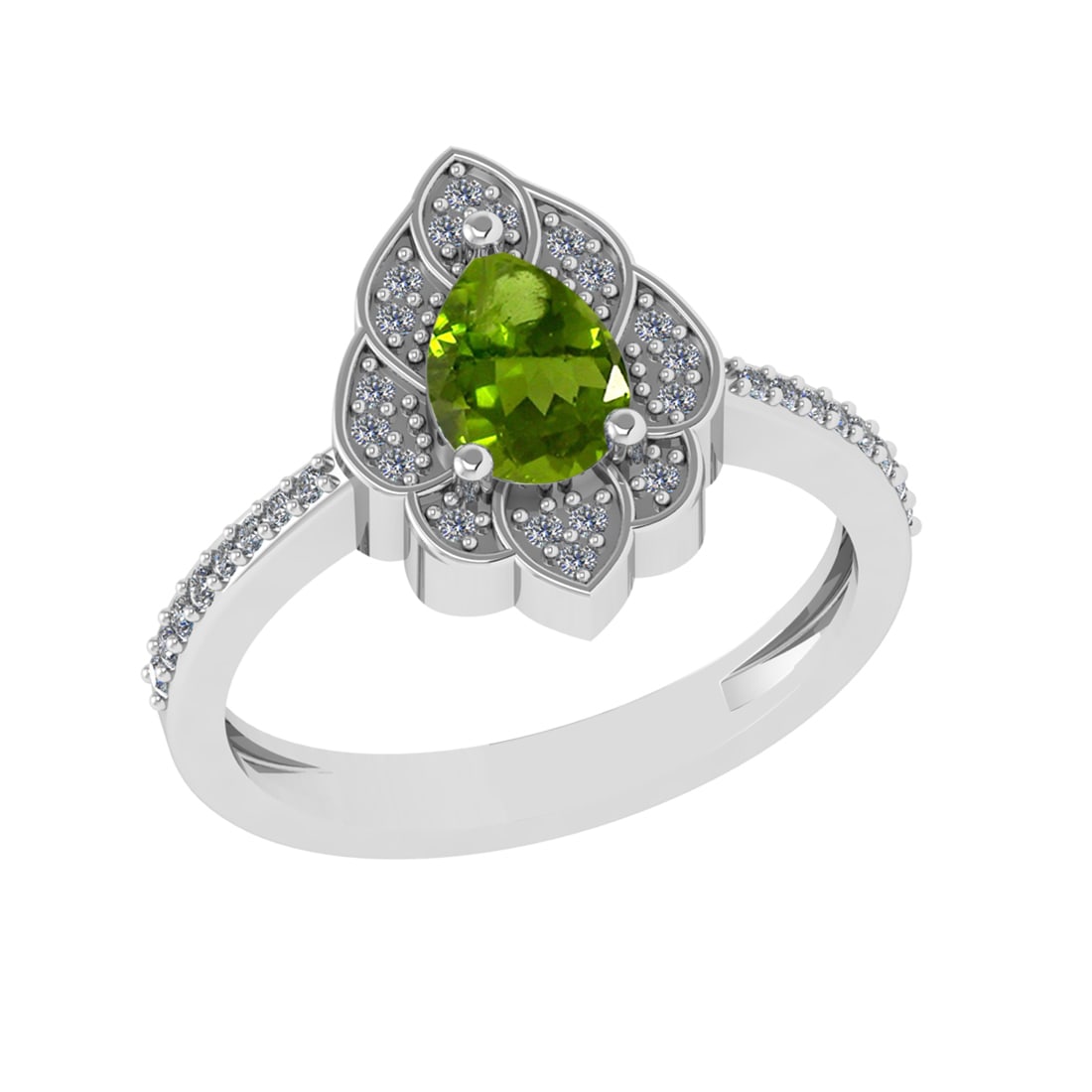 0.94 Ctw VS/SI1 Peridot and Diamond Set 10K white Gold Engagaement Ring (AL: Center Stone Weight :-0.75 Ctw ( Pear Cut) Center Stone Color :-Peridot Center Stone Setting : Prong Side Diamond Weight Of Ctw 0.19 Ctw Color : J-K Clarity : VS/SI1 Daimond Setting : Prong Metal