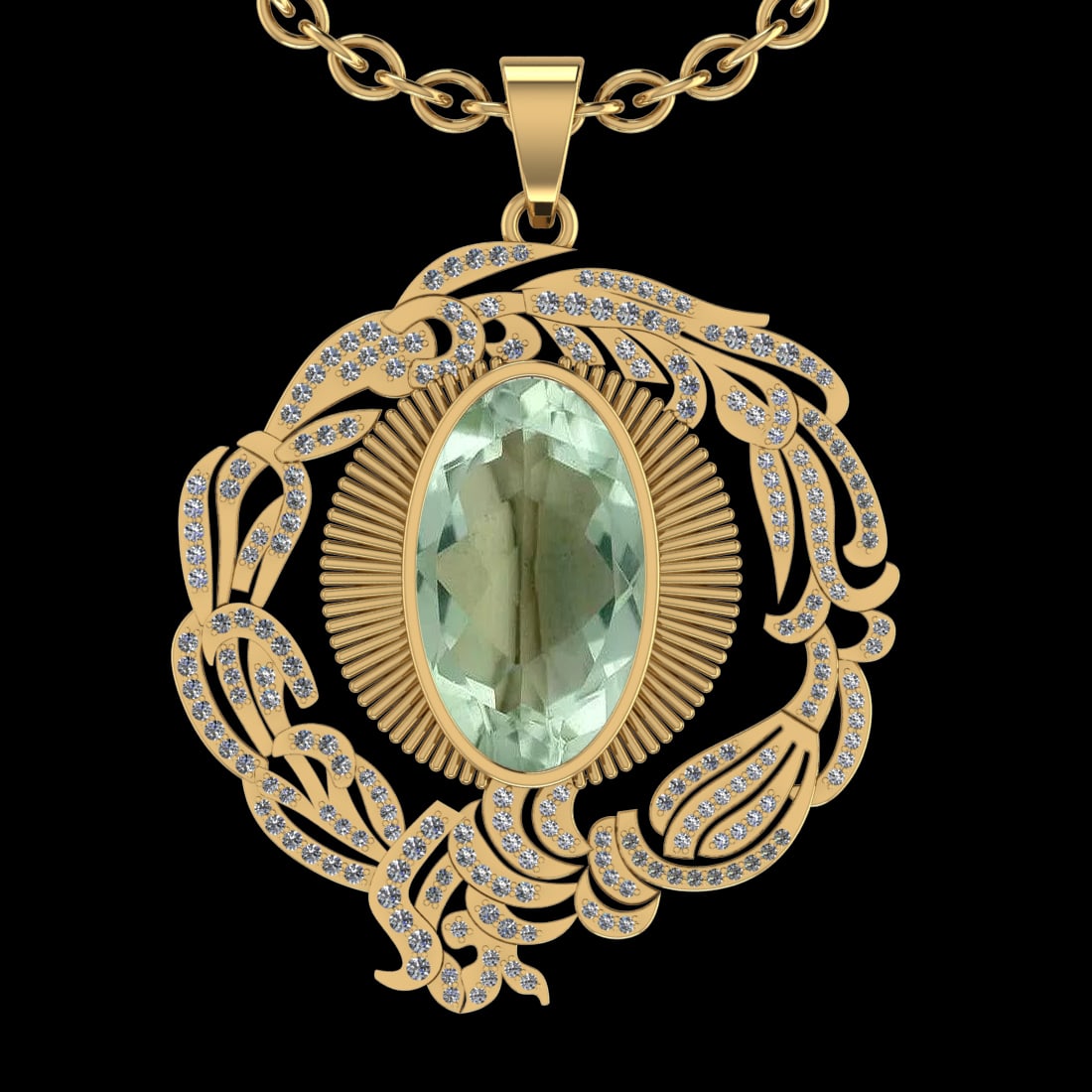 22.03 Ctw VS/SI1 Green Amethyst And Diamond 14k Yellow Gold Pendant Neklace: Center Stone Weight : 20.68 Ctw ( Oval Cut ) Center Stone Color : Green Amethyst Stone Setting : Prong Side Diamond Weight Of Ctw 1.35 Ctw Side Stone Color : J-K Stone Clarity : VS/SI1 Stone Setting