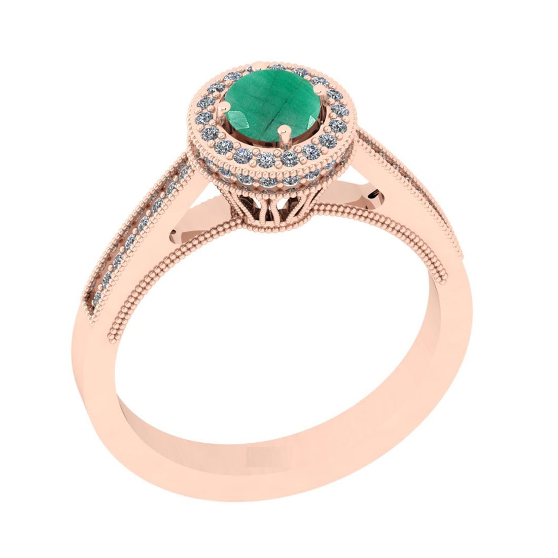 0.82 Ctw VS/SI1 Emerald And Diamond 14K Rose Gold Engagement Halo Ring: Center Stone Weight : 0.50 Ctw (Round Cut) Center Stone Color : Emerald Stone Setting : Prong Side Stone Weight Of Ctw 0.32 Ctw Side Stone Color : J-K Stone Clarity : VS/SI1 Stone Setting : Prong