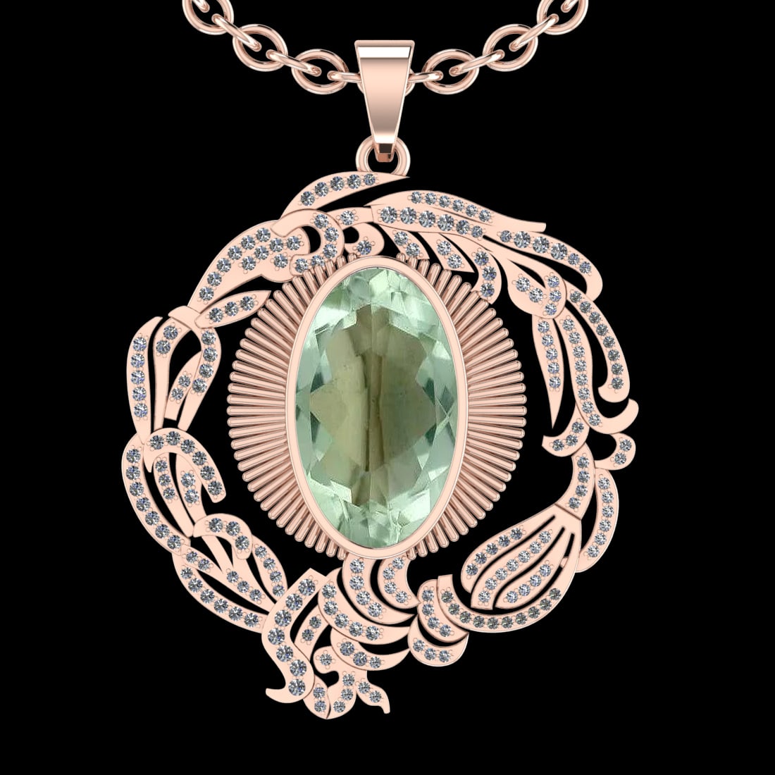 22.03 Ctw VS/SI1 Green Amethyst And Diamond 14k Rose Gold Pendant Neklace(: Center Stone Weight : 20.68 Ctw ( Oval Cut ) Center Stone Color : Green Amethyst Stone Setting : Prong Side Diamond Weight Of Ctw 1.35 Ctw Side Stone Color : J-K Stone Clarity : VS/SI1 Stone Setting