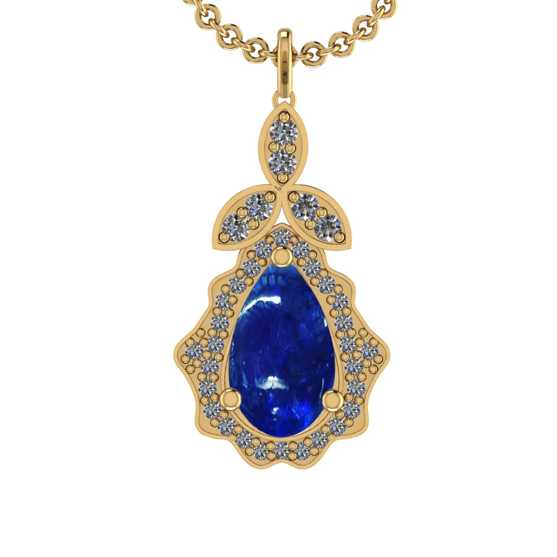 19.12 Ctw VS/SI1 Tanzanite and Diamond 14K Yellow Gold Pendant: Center Stone Weight : 17.08 Ctw ( Pear Cut) Center Stone Color :-Tanzanite Setting : Prong Side Weight Of Ctw 2.04 Ctw Color : J-K Clarity :VS/SI1 Stone Setting : Prong Metal Weight : Approx 12.90