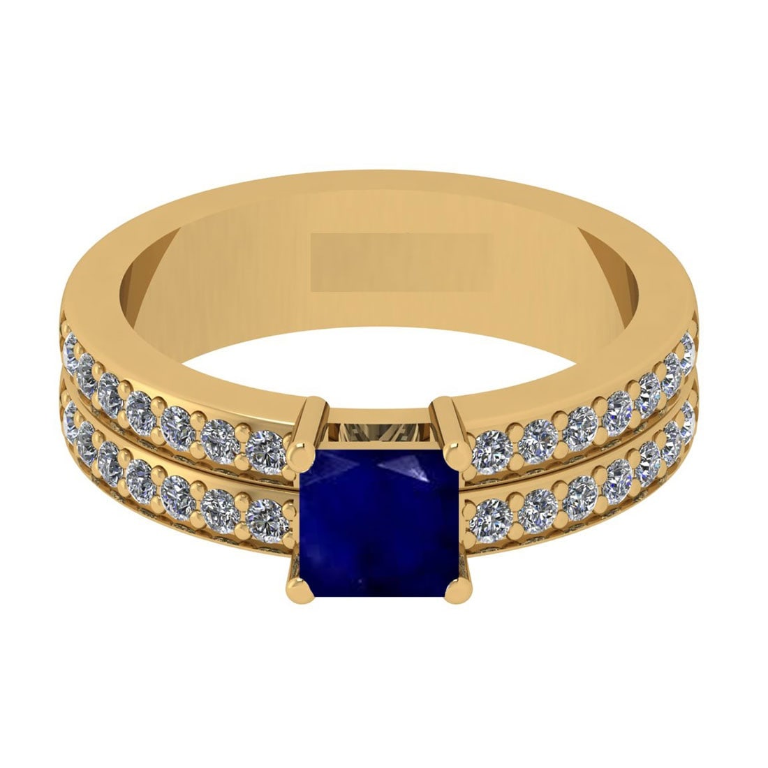 1.10 Ctw VS/SI1 Blue Sapphire And Diamond 14K Yellow Gold Cocktail Ring: Center Stone Weight : 0.70 Ctw (Cushion Cut )Center Stone Color : Blue Sapphire Stone Setting : Prong Side Stone Weight Of Ctw 0.40 Ctw Side Stone Color : J-K Stone Clarity : VS/SI1 Stone Setting :