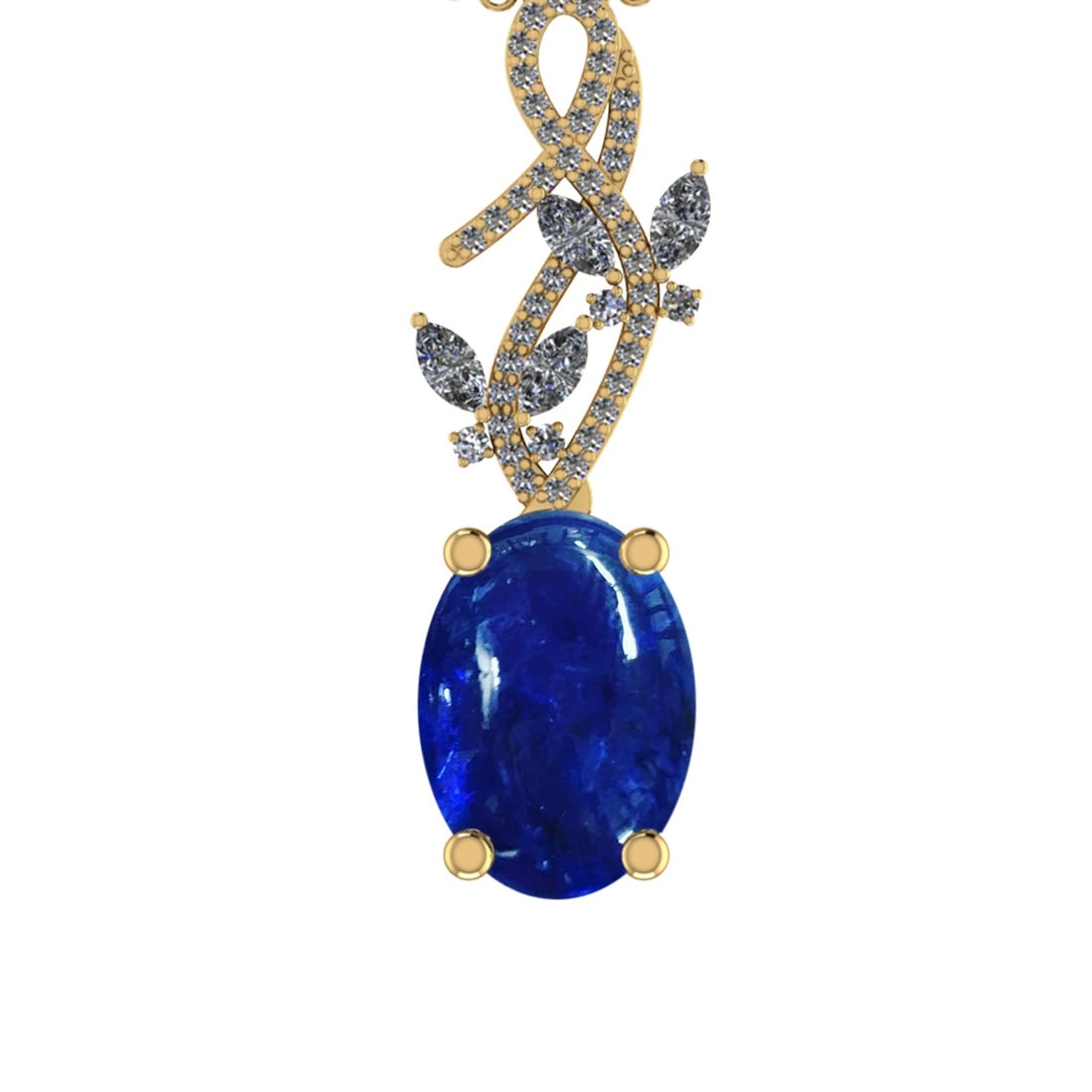 28.72 Ctw SI1/SI2 Tanzanite and Diamond 14k Yellow Gold Pandant (ALL DIAMON: Center Stone Weight :-27.00 Ctw ( Oval Cab) Center Stone Color :-Tanzanite Center Stone Setting : Prong Side Diamond Weight Of Ctw 1.72 Ctw Color : J-K Clarity : SI1/SI2 Stone Setting : Prong Metal