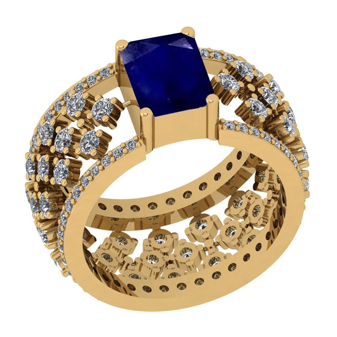 1.22 Ctw VS/SI1 Blue Sapphire And Diamond 14K Yellow Gold Engagement Halo R: Center Stone Weight : 0.50 Ctw (Emerald Cut) Center Stone Color : Blue Sapphire Stone Setting : Prong Side Stone Weight Of Ctw 0.72 Ctw Side Stone Color : J-K Stone Clarity : VS/SI1 Stone Setting :