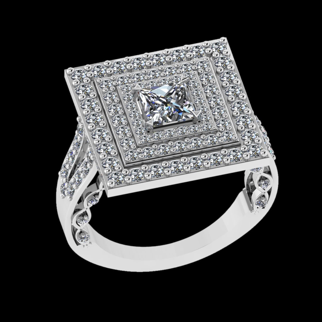 2.52 Ctw VS/SI1 Diamond Prong Set 18K White Gold Engagement Ring: Center Diamond Weight :-0.75 Ctw ( Princess Cut) Color :- G-H Clarity : VS/SI1 Center Stone Setting : Prong Side Diamond Weight Of Ctw 1.77 Ctw Color : G-H Clarity : VS/SI1 Stone Setting : Prong