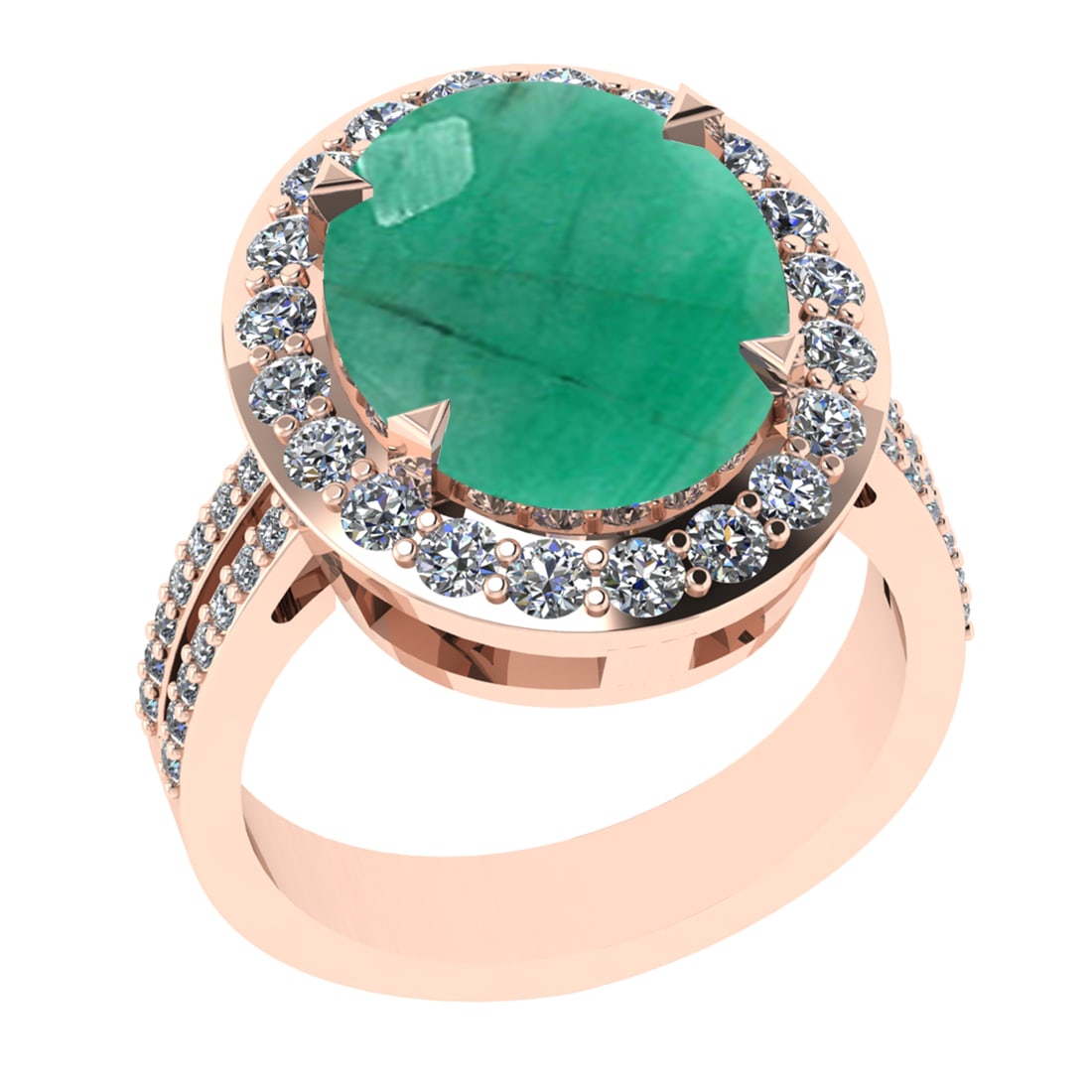 5.55 Ctw VS/SI1 Emerald And Diamond 14K Rose Gold Engagement Ring: Center Stone Weight : 5.10 Ctw ( Oval Cut ) Center Stone Color : Emerald Stone Setting : Prong Side Diamond Weight Of Ctw0.45 Ctw Side Stone Color : G-H Stone Clarity : VS/SI1 Stone Setting : Prong