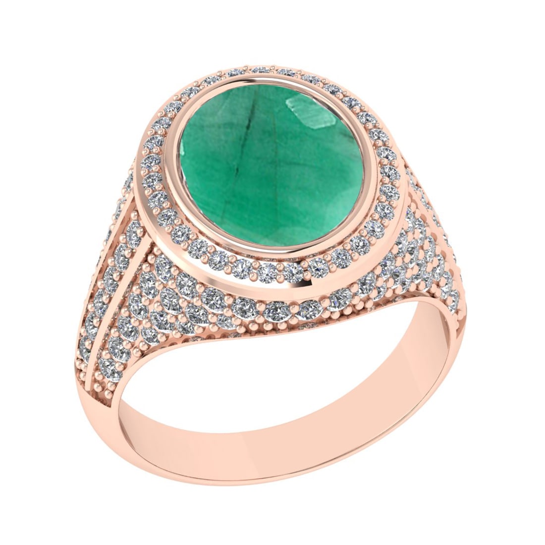 4.70 Ctw VS/SI1 Emerald and Diamond Prong Set 14K Rose Gold Engagement Ring: Center Stone Weight : 3.50 Ctw (Oval Cut) Center Stone Color : Emerald Setting : Prong Side Weight Of Ctw 1.20 Ctw Color : J-K Clarity : VS/SI1 Stone Setting : Prong Metal Weight : Approx 7.90 gram