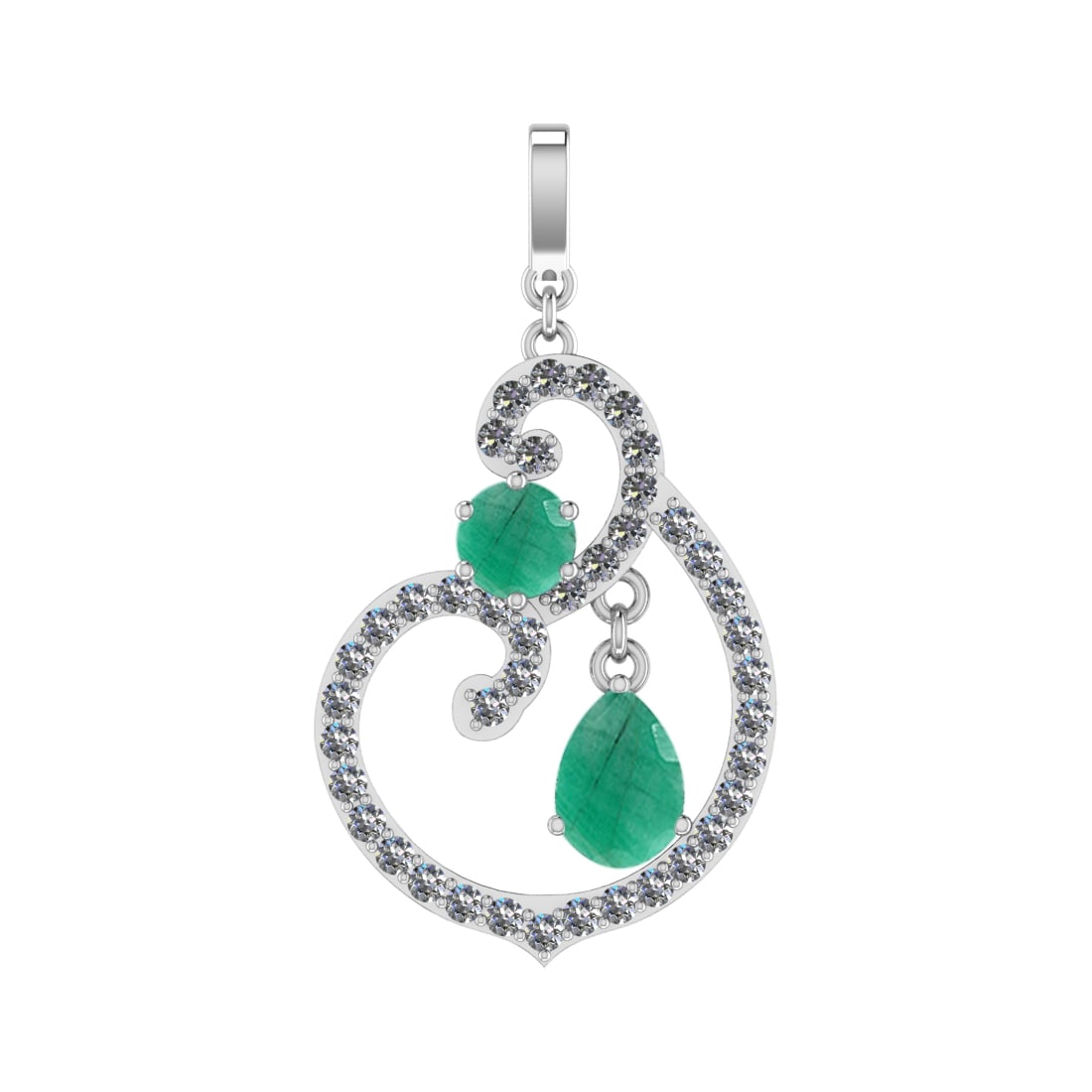 4.35 Ctw VS/SI1 Emeraldand Diamond Prong Set 14k white Gold Pendant (ALL DI: Center Stone Weight :-2.84 Ctw ( Pear & Round Cut ) Center Stone Color :-Emerald Center Stone Setting : Prong Side Diamond Weight Of Ctw :- 1.51 Ctw Color : J-K Clarity : VS/SI1 Daimond Setting :