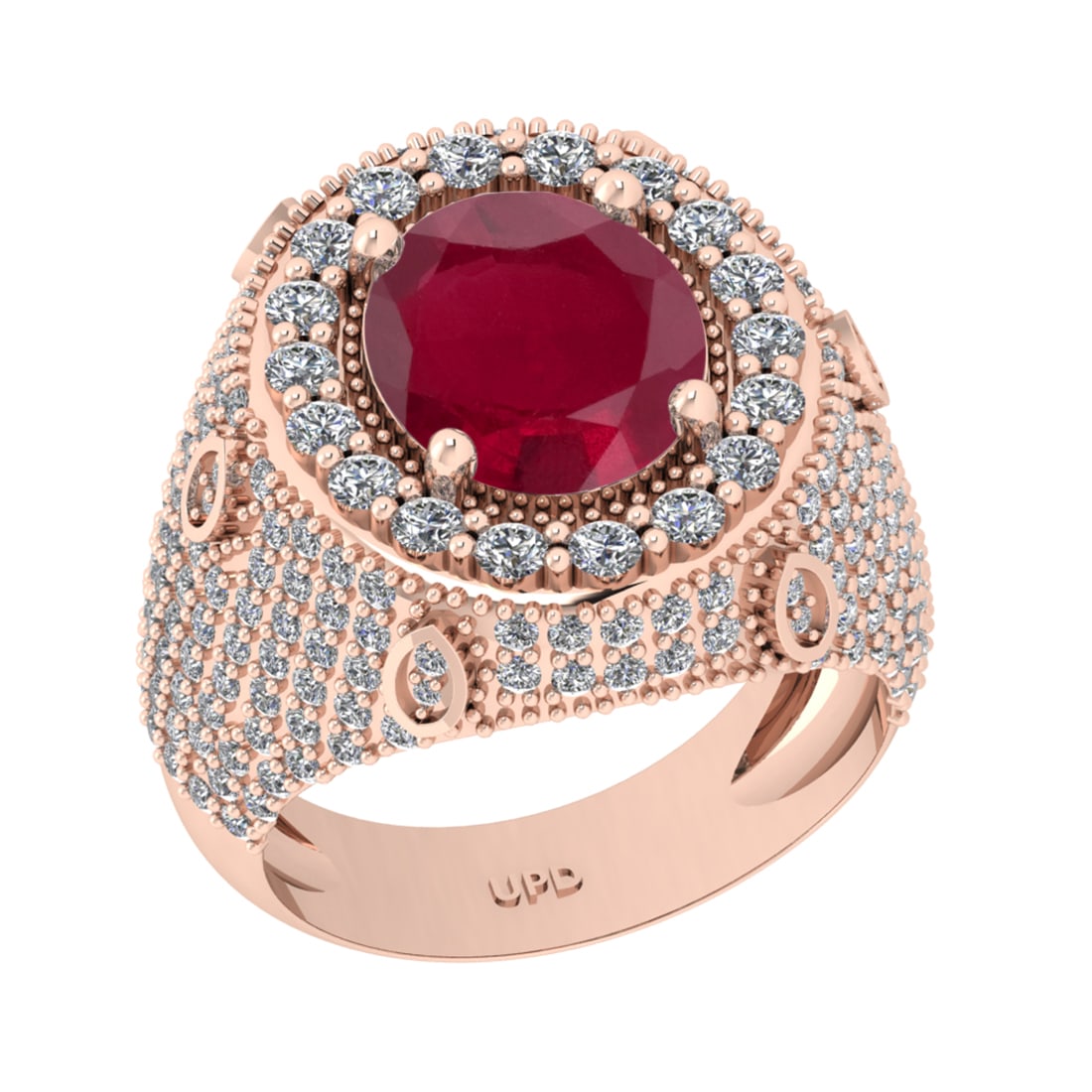 7.00 Ctw VS/SI1 Ruby And Diamond 14K Rose Gold Engagement Ring: Center Stone Weight : 5.10 Ctw ( Oval Cut ) Center Stone Color : Ruby Stone Setting : Prong Side Diamond Weight Of Ctw1.90 Ctw Side Stone Color : G-H Stone Clarity : VS/SI1 Stone Setting : Prong