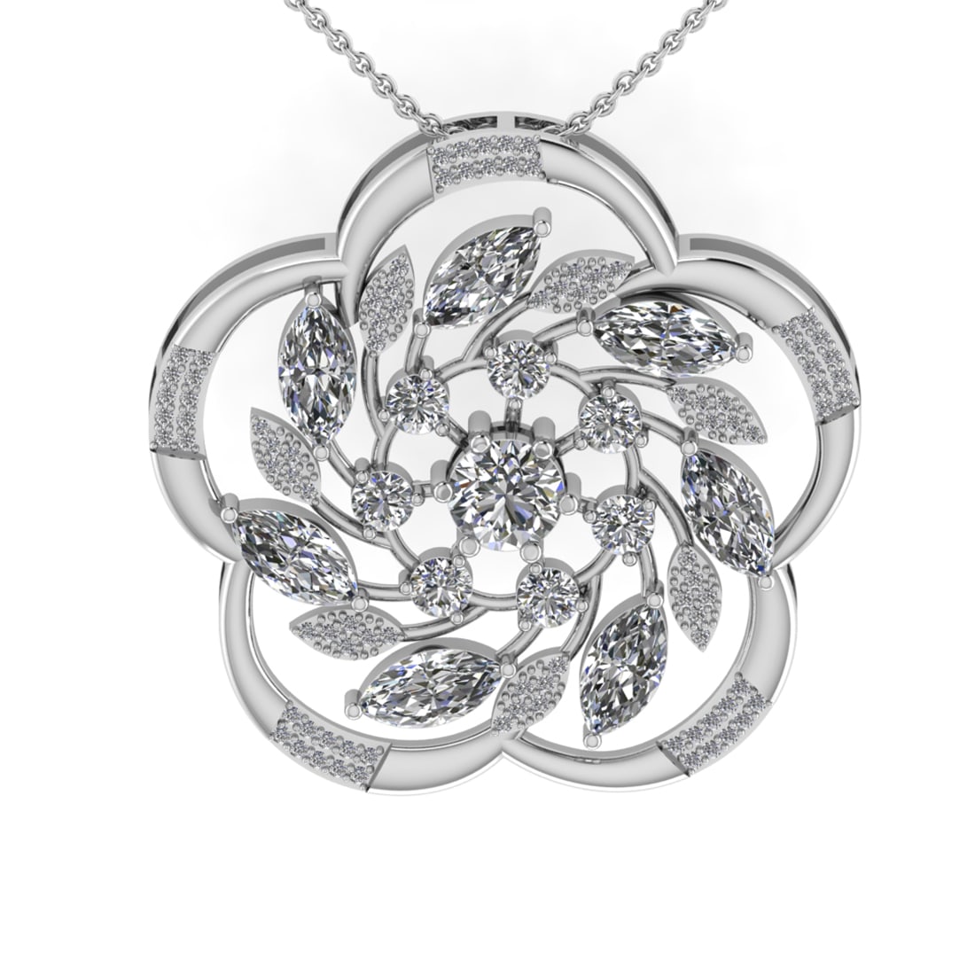 4.15 Ctw VS/SI1 Diamond 14K White Gold Necklace (ALL DIAMOND ARE LAB GROWN: Center Diamond Weight :- 3.69 Ctw (Round & Marquise cut) Color :- J-K Clarity : I2/I3 Center Stone Setting : Prong Side Diamond Weight Of Ctw 0.46 Ctw Color : J-K Clarity : VS/SI1 Stone Setting :