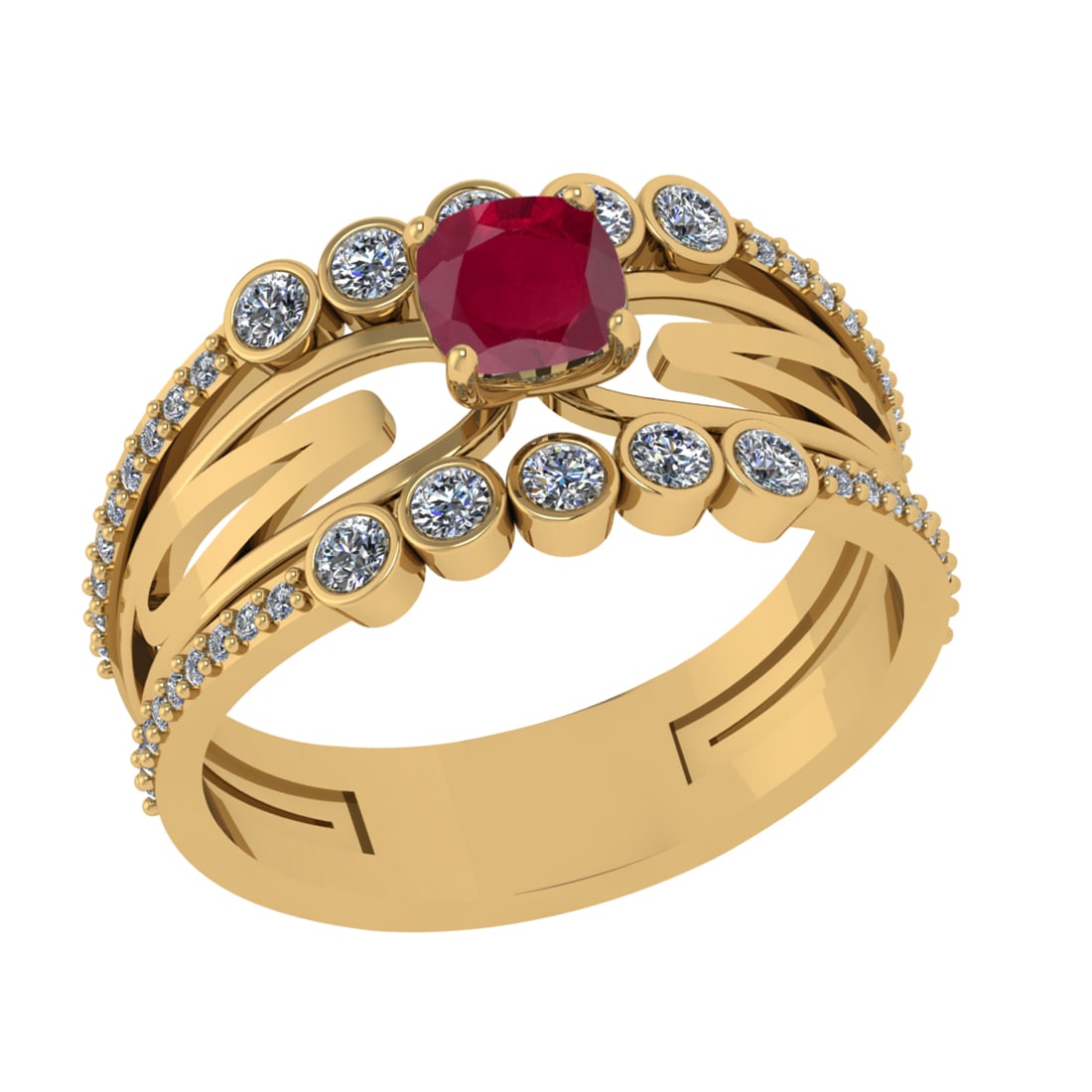 1.03 Ctw VS/SI1 Ruby and Diamond 14k Yellow Gold Engagement Ring (ALL DIAMO: Center Stone Weight :-0.50 Ctw ( Cushion Cut) Center Stone Color :-Ruby Center Stone Setting : Prong Side Diamond Weight Of Ctw :- 0.53 Ctw Color : J-K Clarity : VS/SI1 Daimond Setting : Prong Metal