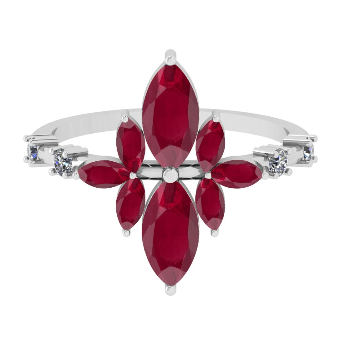 1.75 Ctw VS/SI1 Ruby And Diamond 14K White Gold Cocktail Ring: Center Stone Weight : 1.60 Ctw (Marquise Cut) Center Stone Color : Ruby Stone Setting : Prong Side Stone Weight Of Ctw 0.15 Ctw Side Stone Color : J-K Stone Clarity : VS/SI1 Stone Setting : Prong