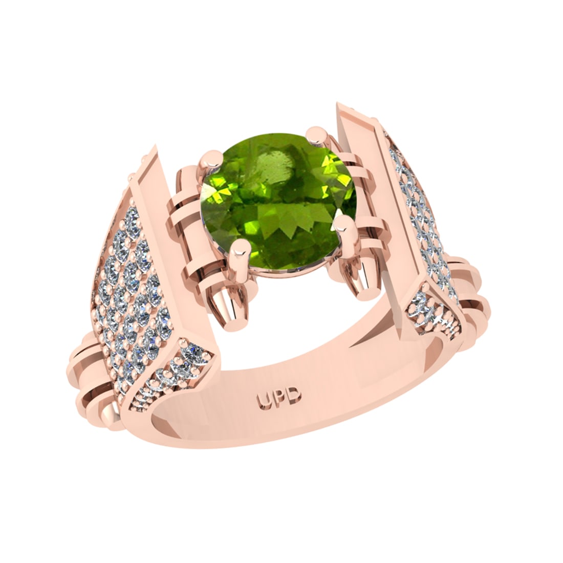 3.62 Ctw VS/SI1 Peridot and Diamond Set 10K Rose Gold Engagement Ring (ALL: Center Stone Weight :-2.43 Ctw ( Round Cut) Center Stone Color :-Peridot Center Stone Setting : Prong Side Diamond Weight Of Ctw 1.19 Ctw Color : J-K Clarity : VS/SI1 Daimond Setting : Prong Metal