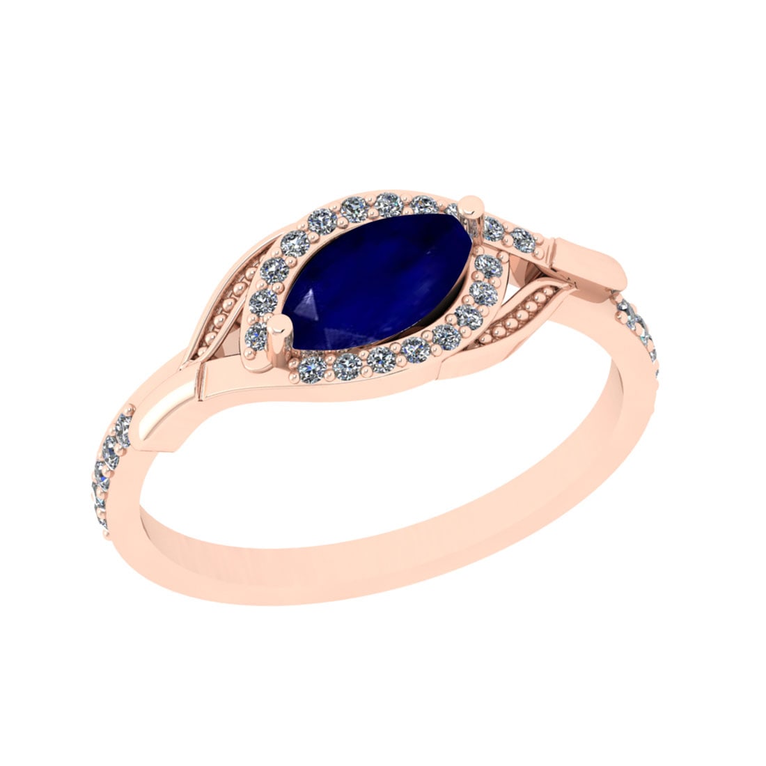 0.57 Ctw VS/SI1 Blue Sapphire And Diamond 14K Rose Gold Engagement Ring: Center Stone Weight : 0.50 Ctw (Marquise Cut) Center Stone Color : Blue Sapphire Stone Setting : Prong Side Stone Weight Of Ctw 0.17 Ctw Side Stone Color : J-K Stone Clarity : VS/SI1 Stone Setting : P