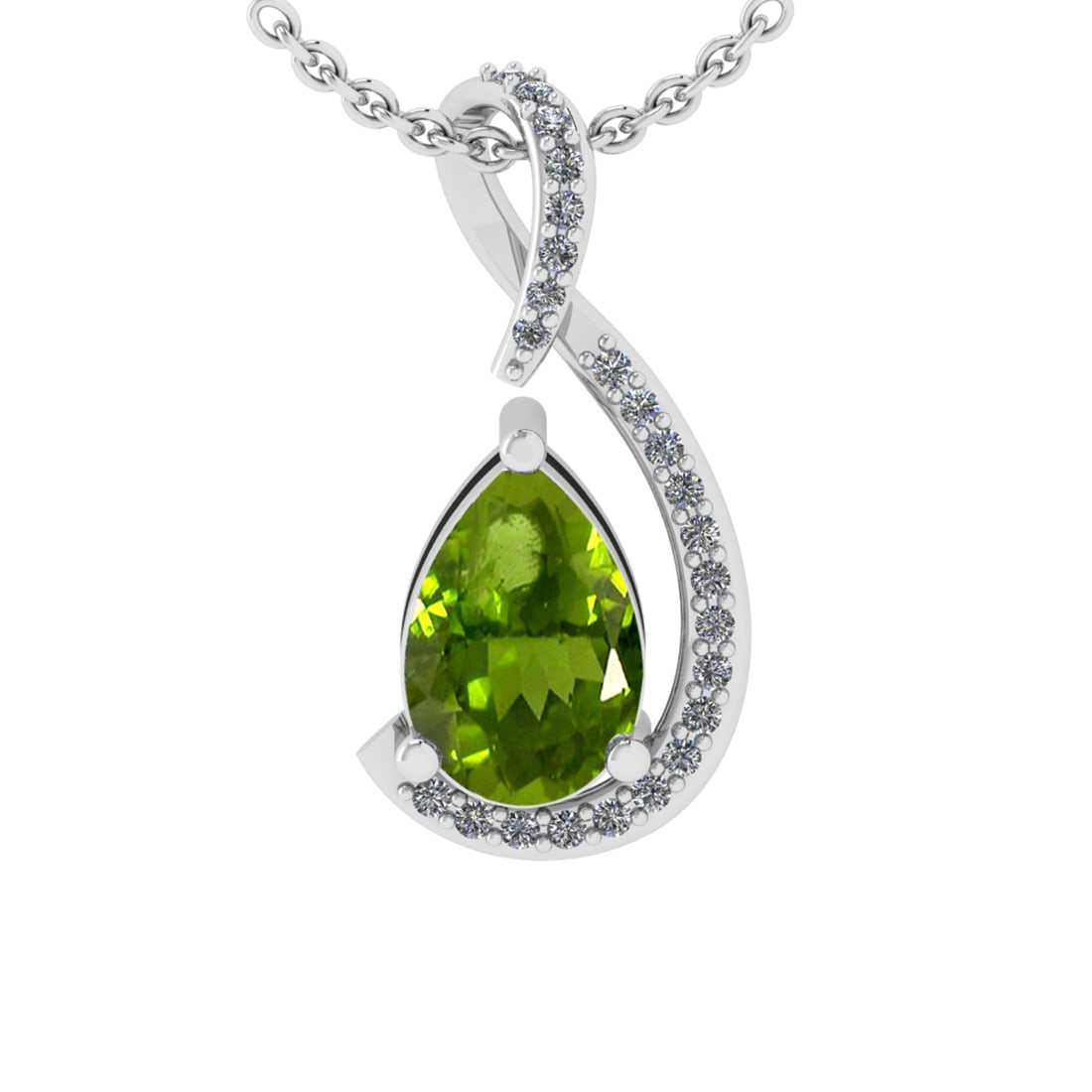2.12 Ctw VS/SI1 Peridot and Diamond Set 10K white Gold Pendant (ALL DIAMOND: Center Stone Weight :-2.00 Ctw ( Pear Cut) Center Stone Color :-Peridot Center Stone Setting : Prong Side Diamond Weight Of Ctw 0.12 Ctw Color : J-K Clarity : VS/SI1 Daimond Setting : Prong Metal