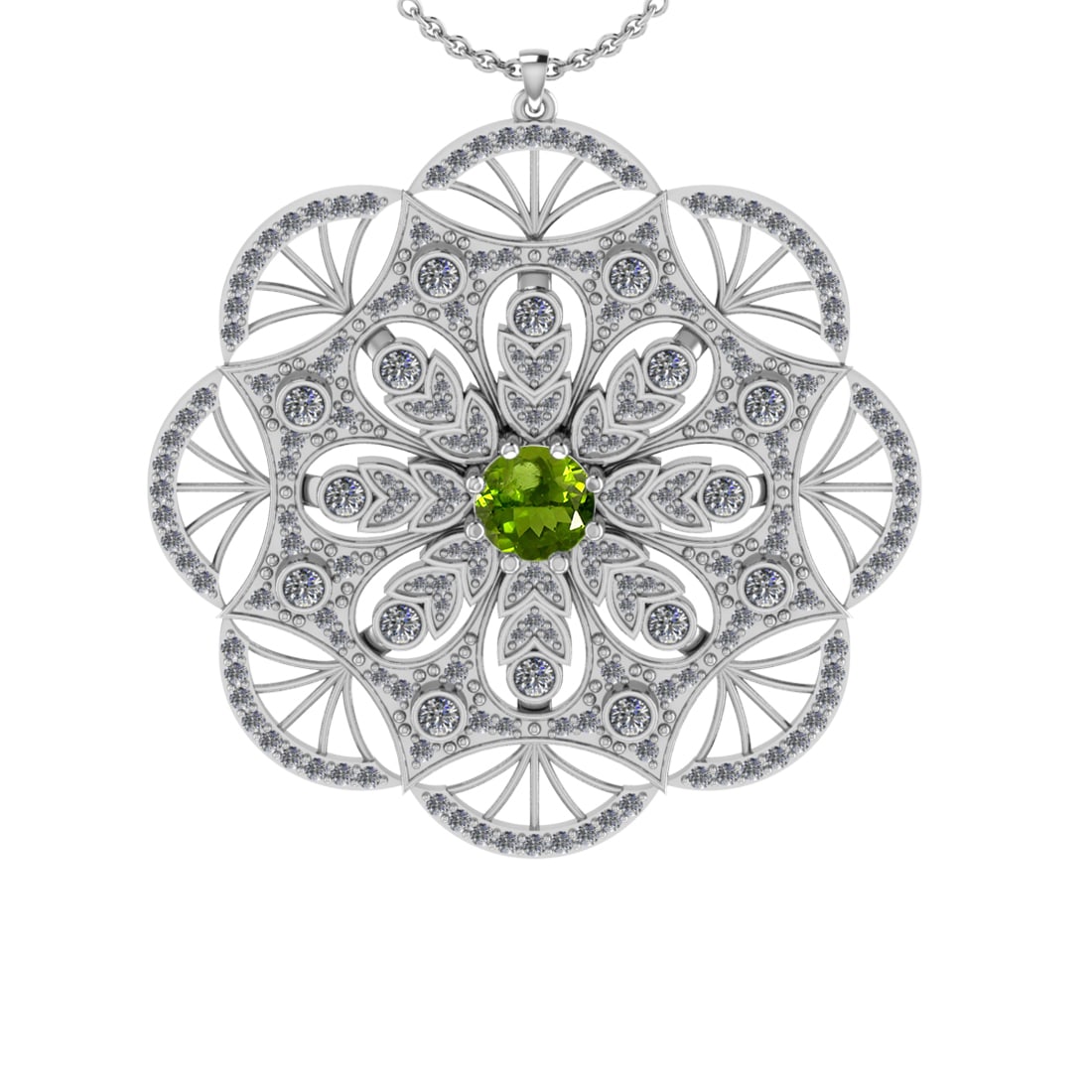 2.47 Ctw VS/SI1 Peridot and Diamond Set 10K white Gold Pendant (ALL DIAMOND: Center Stone Weight :-0.84 Ctw ( Round Cut) Center Stone Color :-Peridot Center Stone Setting : Prong Side Diamond Weight Of Ctw 1.63 Ctw Color : J-K Clarity : VS/SI1 Daimond Setting : Prong Metal