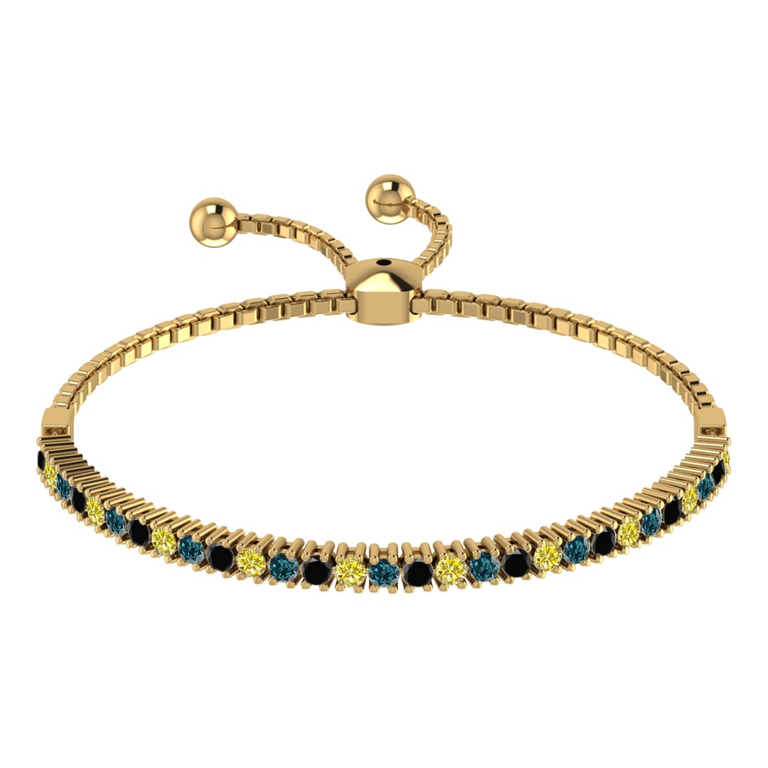 0.33 Ctw I2/I3 Treated Fancy black,Blue,Yellow diamond Prong Set 14k Rose G: Multi Daimond Weight :-0.33 Ctw Color : Treated Fancy black,Blue,Yellow diamond Clarity : I2/I3 Setting : Prong Metal Weight : Approx 5.60 gram 14k Rose Gold Tennis Slide Bracelet MJ3413SB