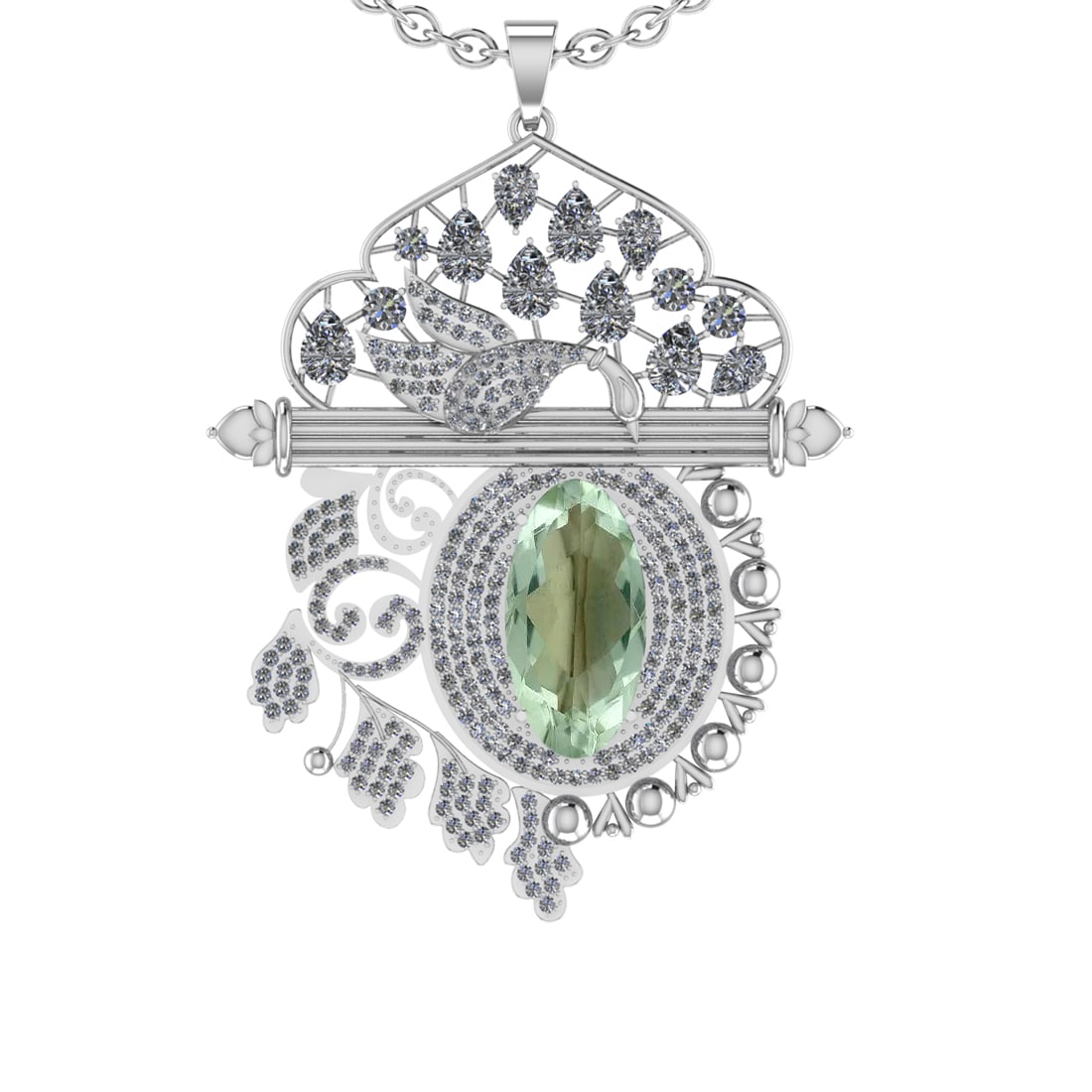 22.47 Ctw I2/I3 Green Amethyst And Diamond 10K White Gold Necklace(ALL DIAM: Center Stone Weight : 12.15 Ctw ( Oval Cut ) Center Stone Color : Green Amethyst Stone Setting : Prong Side Diamond Weight Of Ctw 10.32 Ctw Side Stone Color : J-K Stone Clarity : I2/I3 Stone Setting :