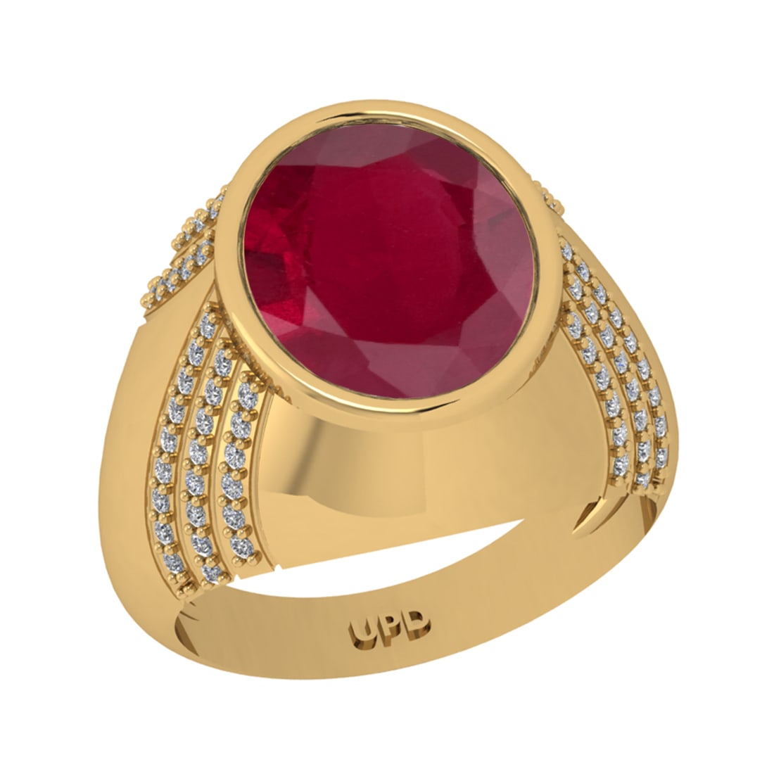 5.15 Ctw VS/SI1 Ruby And Diamond 14K Yellow Gold Engagement Ring: Center Stone Weight : 4.80 Ctw (Oval Cut ) Center Stone Color : Ruby Stone Setting : Prong Side Diamond Weight Of Ctw 0.35 Ctw Side Stone Color : G-H Stone Clarity : VS/SI1 Stone Setting : Prong Metal