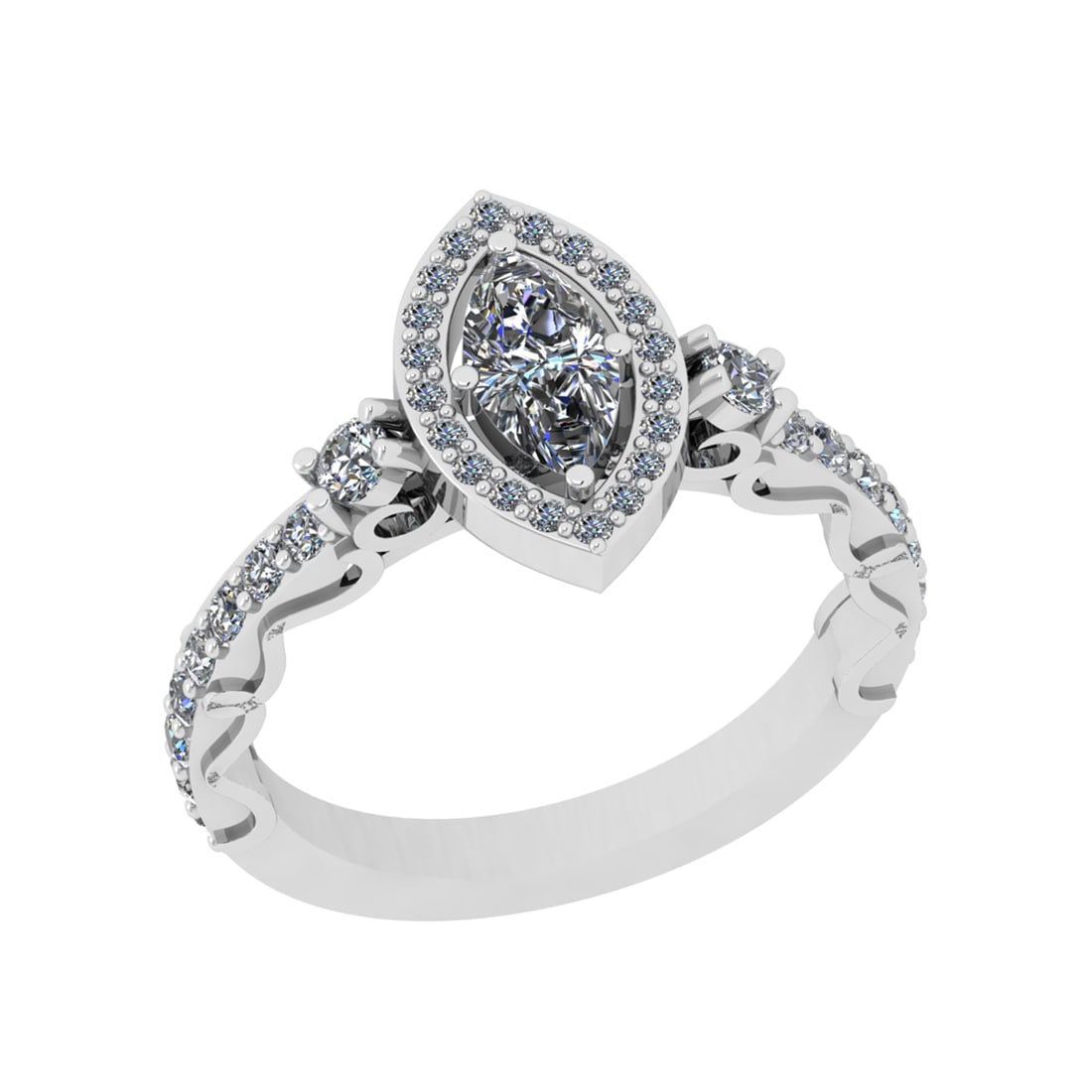 2.27 Ctw SI1/SI2 Diamond Prong Set 14k white Gold Engagement Ring: Center Daimond Weight :-0.50 Ctw ( Marquise Cut ) Color : G-H Clarity : SI1/SI2 Side Diamond Weight Of Ctw 1.77 Ctw Color : G-H Clarity : SI1/SI2 Daimond Setting : Prong Metal Weight : Approx 3.53 gra