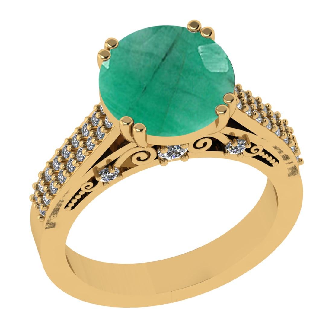4.39 Ctw VS/SI1 Emerald and Diamond 14k Yellow Gold Engagement Ring: Center Stone Weight :-3.87 Ctw ( Round Cut) Center Stone Color :-Emerald Center Stone Setting : Prong Side Diamond Weight Of Ctw :- 0.52 Ctw Color : J-K Clarity : VS/SI1 Daimond Setting : Prong Metal 