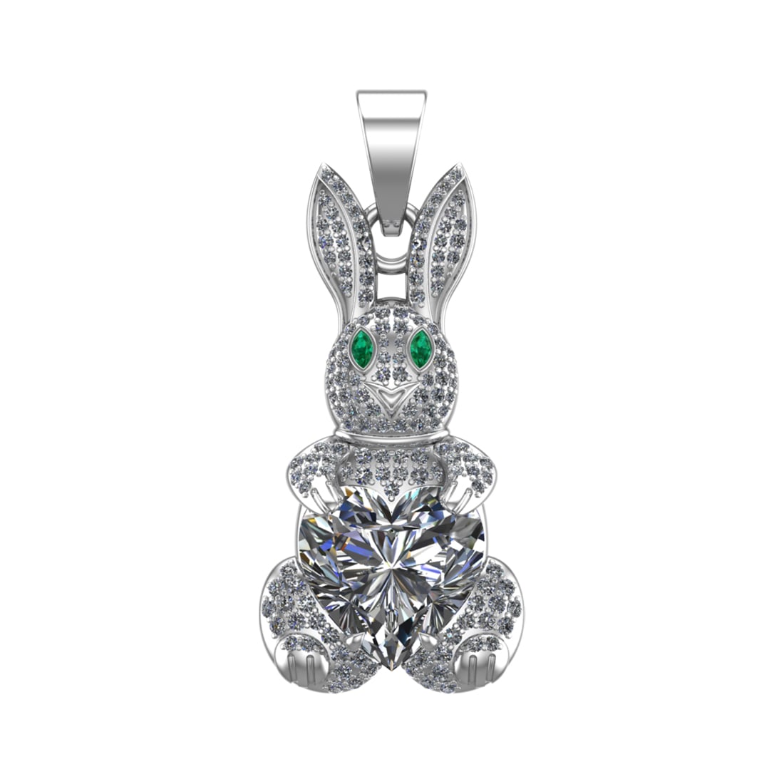 6.75 Ctw SI2/SI1 Diamond Prong Set 14k white Gold Rabbit Theme Pendant (ALL: Eye Stone Weight :- 0.05 ctw ( Marquise Cut) stone color :-Emerald setting :- Prong Center Daimond Weight :-5.50 Ctw ( Heart Cut) Color : G-H Clarity : SI2/SI1 Side Diamond Weight Of Ctw 1.20 Ctw Colo
