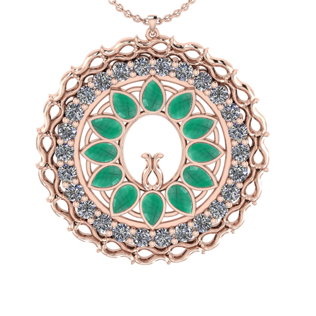 5.86 Ctw VS/SI1 Emerald and Diamond 14k Rose Gold Pandant (ALL DIAMOND ARE: Center Stone Weight :-3.00 Ctw ( Pear Cut) Center Stone Color :-Emerald Center Stone Setting : Prong Side Diamond Weight Of Ctw :- 2.86 Ctw Color : J-K Clarity : VS/SI1 Daimond Setting : Prong Metal
