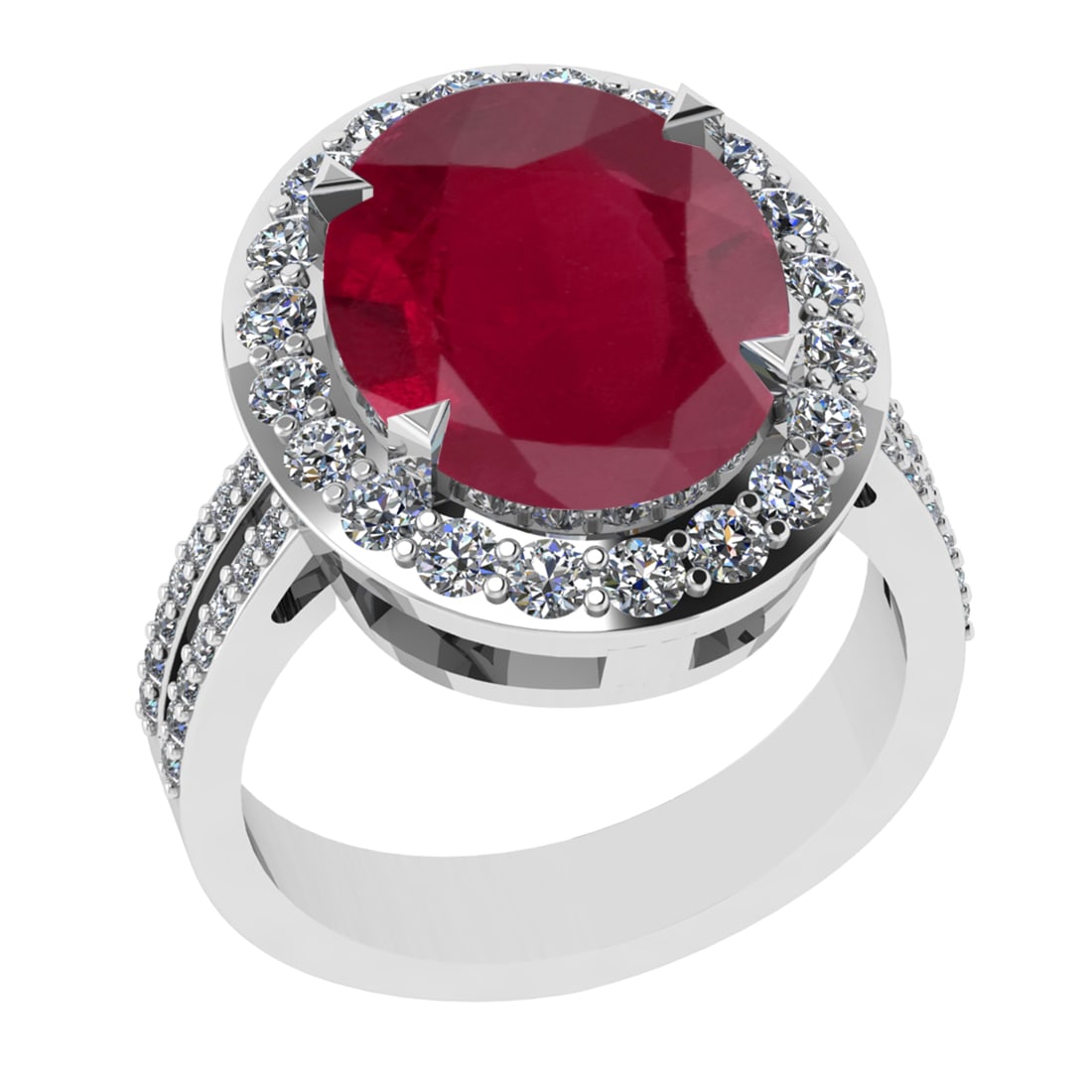 5.55 Ctw VS/SI1 Ruby And Diamond 14K White Gold Engagement Ring: Center Stone Weight : 5.10 Ctw ( Oval Cut ) Center Stone Color : Ruby Stone Setting : Prong Side Diamond Weight Of Ctw0.45 Ctw Side Stone Color : G-H Stone Clarity : VS/SI1 Stone Setting : Prong