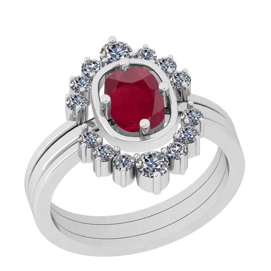 1.40 Ctw VS/SI1 Ruby And Diamond 14K White Gold Anniversary Ring: Center Stone Weight : 0.80 Ctw (Cushion Cut) Center Stone Color : Ruby Stone Setting : Prong Side Stone Weight Of Ctw 0.60 Ctw Side Stone Color : J-K Stone Clarity : VS/SI1 Stone Setting : Prong